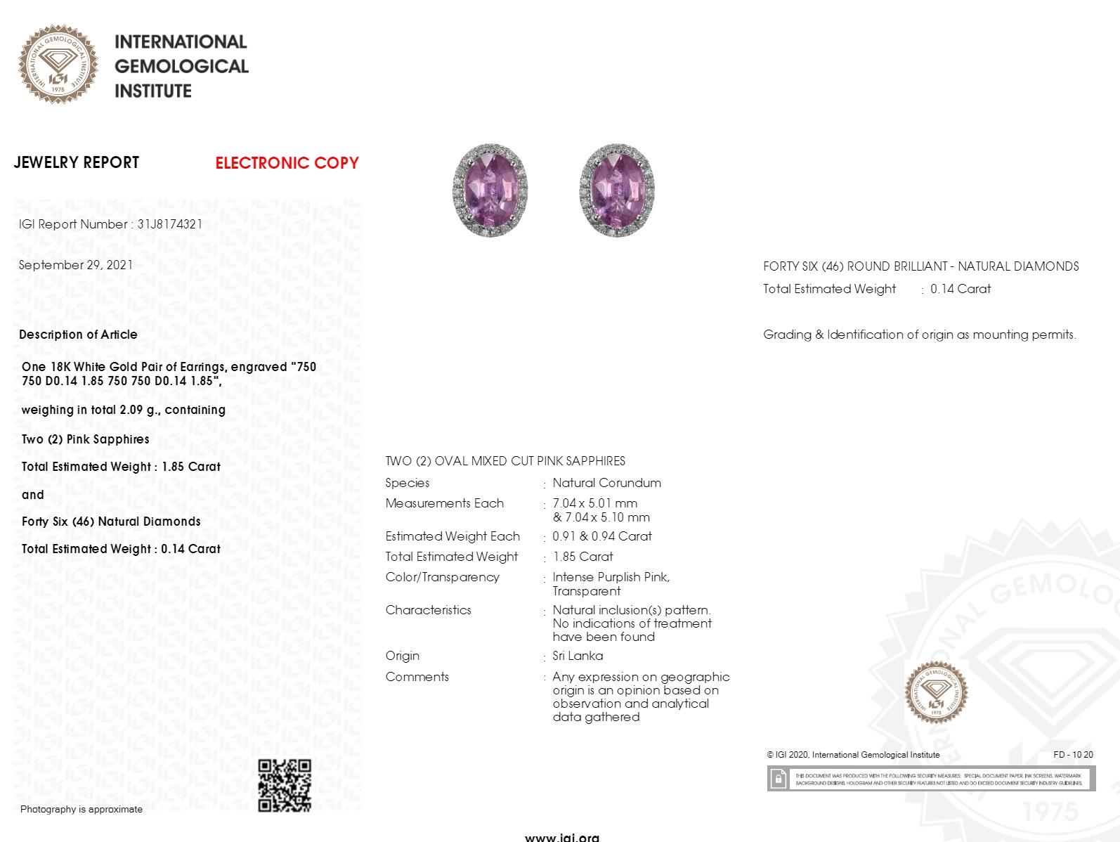 Orecchini con zaffiro e diamante certificati IGI da 1,85 carati senza calore in oro bianco 18 carati in vendita 2