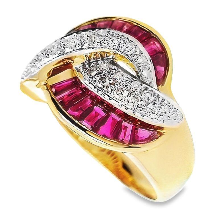 This alluring ruby ring, adorned by natural white round brilliant-cut diamonds, gives sense of style and glamour.
Our Top Crown Jewelry ring collection was designed to be worn daily to create a unique look of your own. 
This stunning 18K yellow and