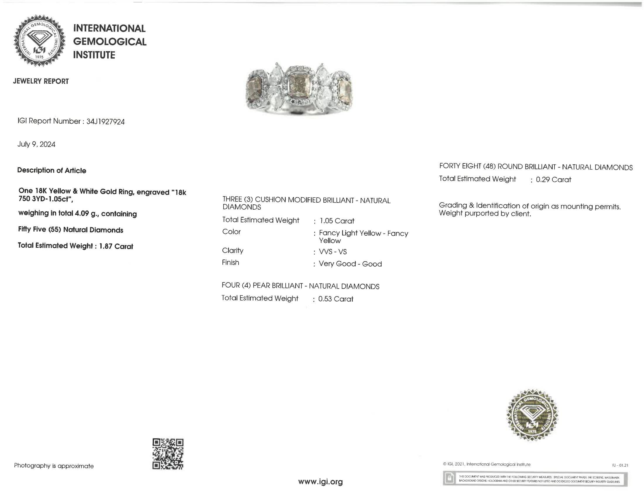 This luxurious ring is expertly crafted from 18-karat white gold and features an exquisite design adorned with fancy yellow diamonds and sparkling white diamonds. The fancy yellow diamonds, totaling 1.87 carats, are set in 18K white gold to