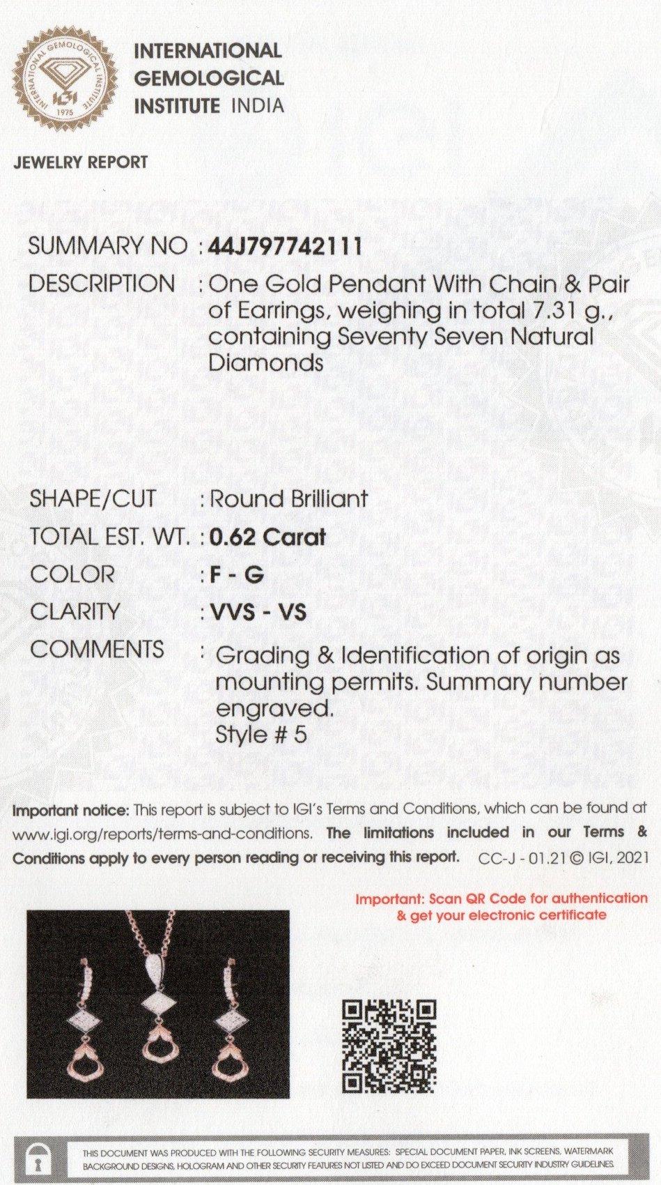 IGI Certified 18k Gold 0.6 Carat Natural Diamond F-VVS Necklace Earring Set For Sale 1