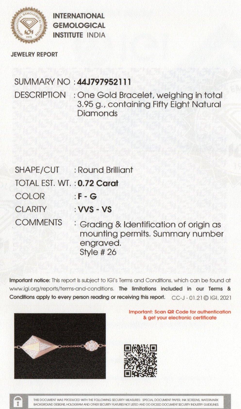 Contemporary IGI Certified 18k Gold 0.7 Carat Natural Diamond F-VVS Rose Kite Ball Bracelet For Sale
