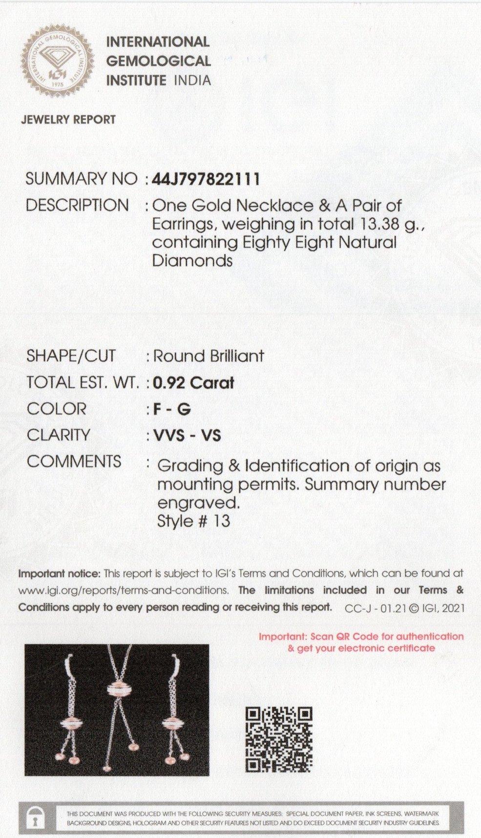 IGI Certified 18K Gold 0.9ct Natural Diamond F-VVS Rose Necklace Earrings Set For Sale 5