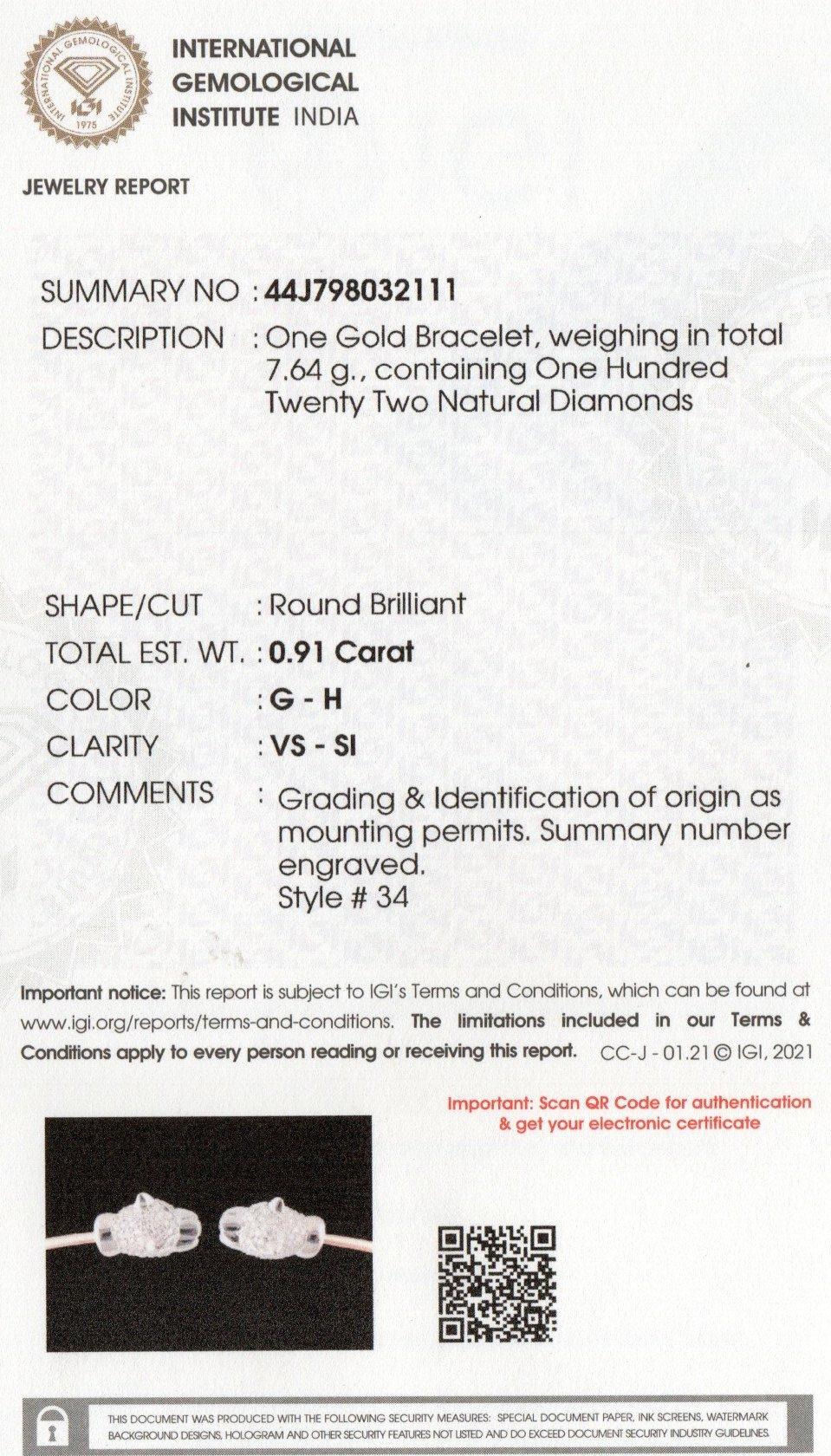 Brilliant Cut IGI Certified 18k Gold 0.9Ct Natural Diamond G-VS Jaguar Panther Small Bracelet For Sale