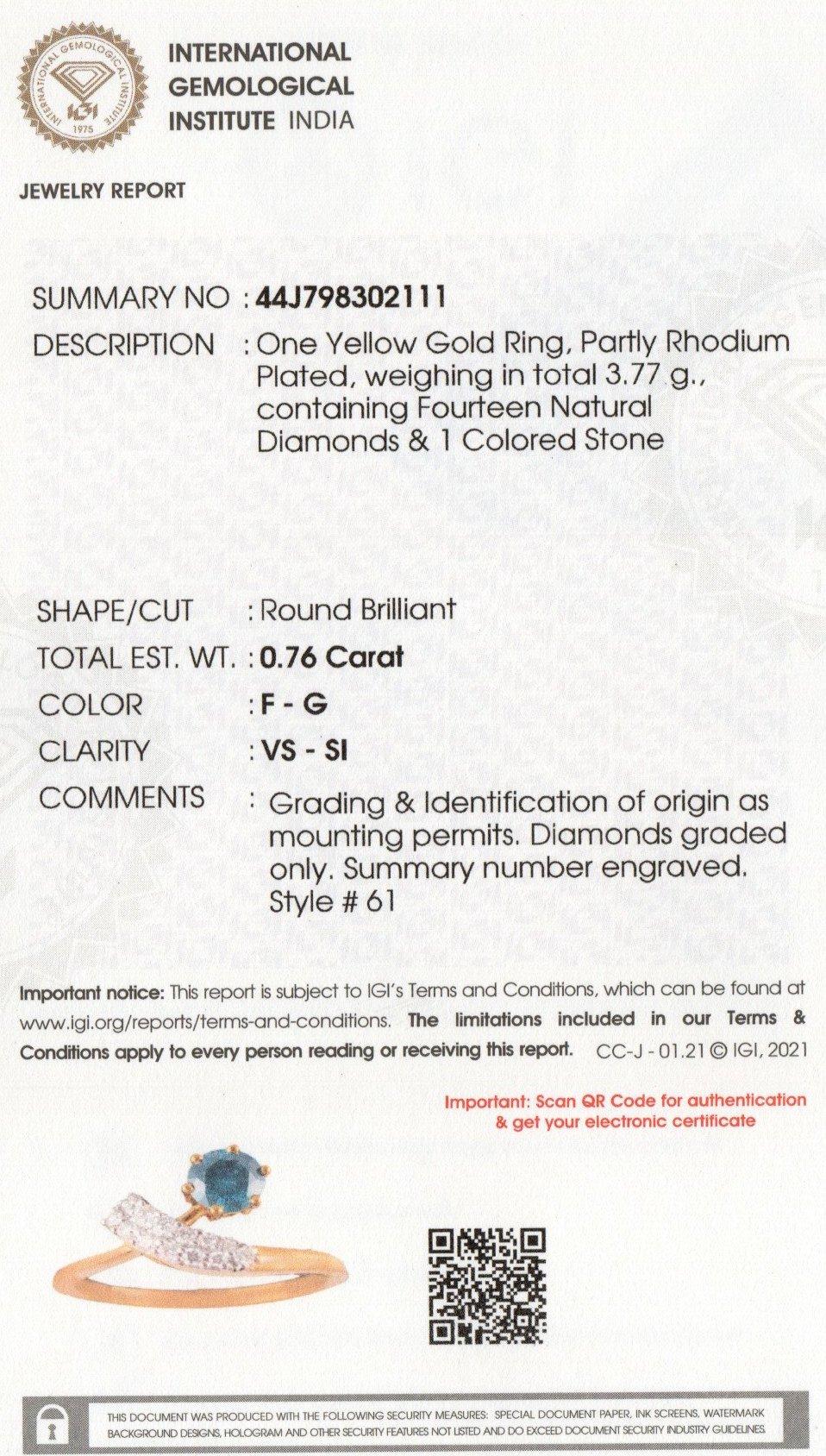 IGI-zertifizierter 18 Karat Gold 1.3 Karat natürlicher Diamantring mit bearbeitetem blauem Stein (Brillantschliff) im Angebot