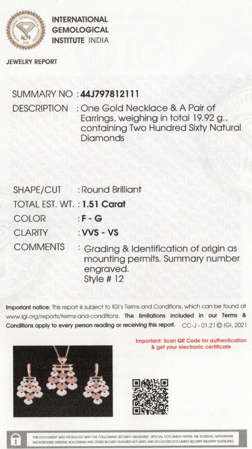 IGI Certified 18K Gold 1.5ct Natural Diamond F-VVS Rose Pendant Earrings Set For Sale 4