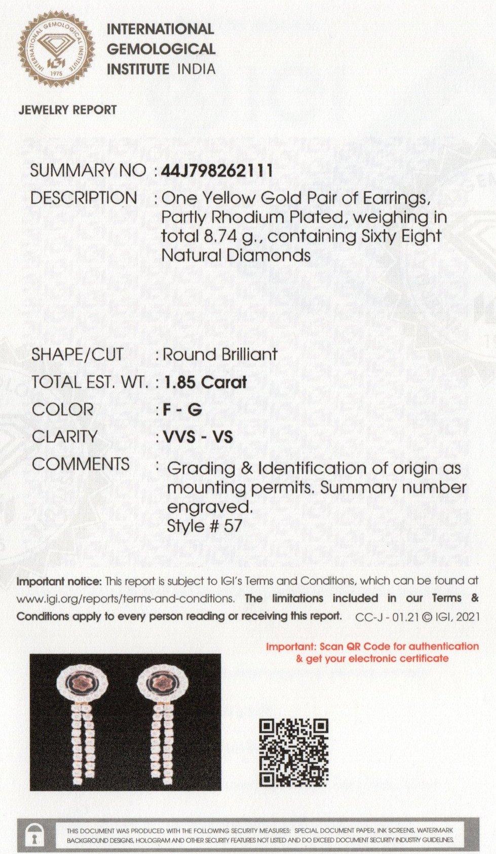 IGI Certified 18K Gold ≈2ct Natural Diamond F-VVS Designer Dangle Drop Earrings In New Condition For Sale In Los Angeles, CA