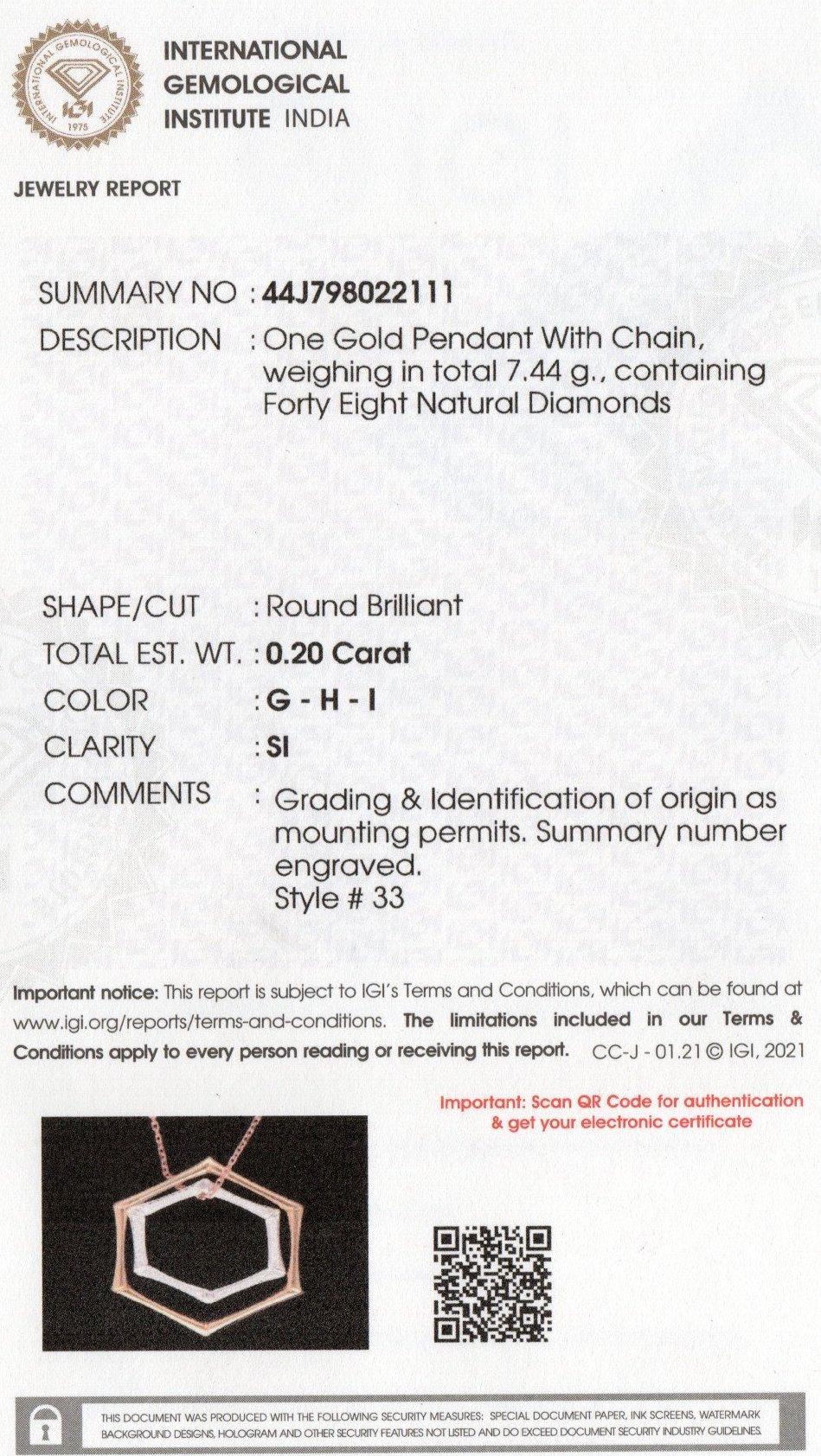 Brilliant Cut IGI Certified 18k Gold Natural Diamond G-SI 2 Heptagon Pendant Necklace For Sale