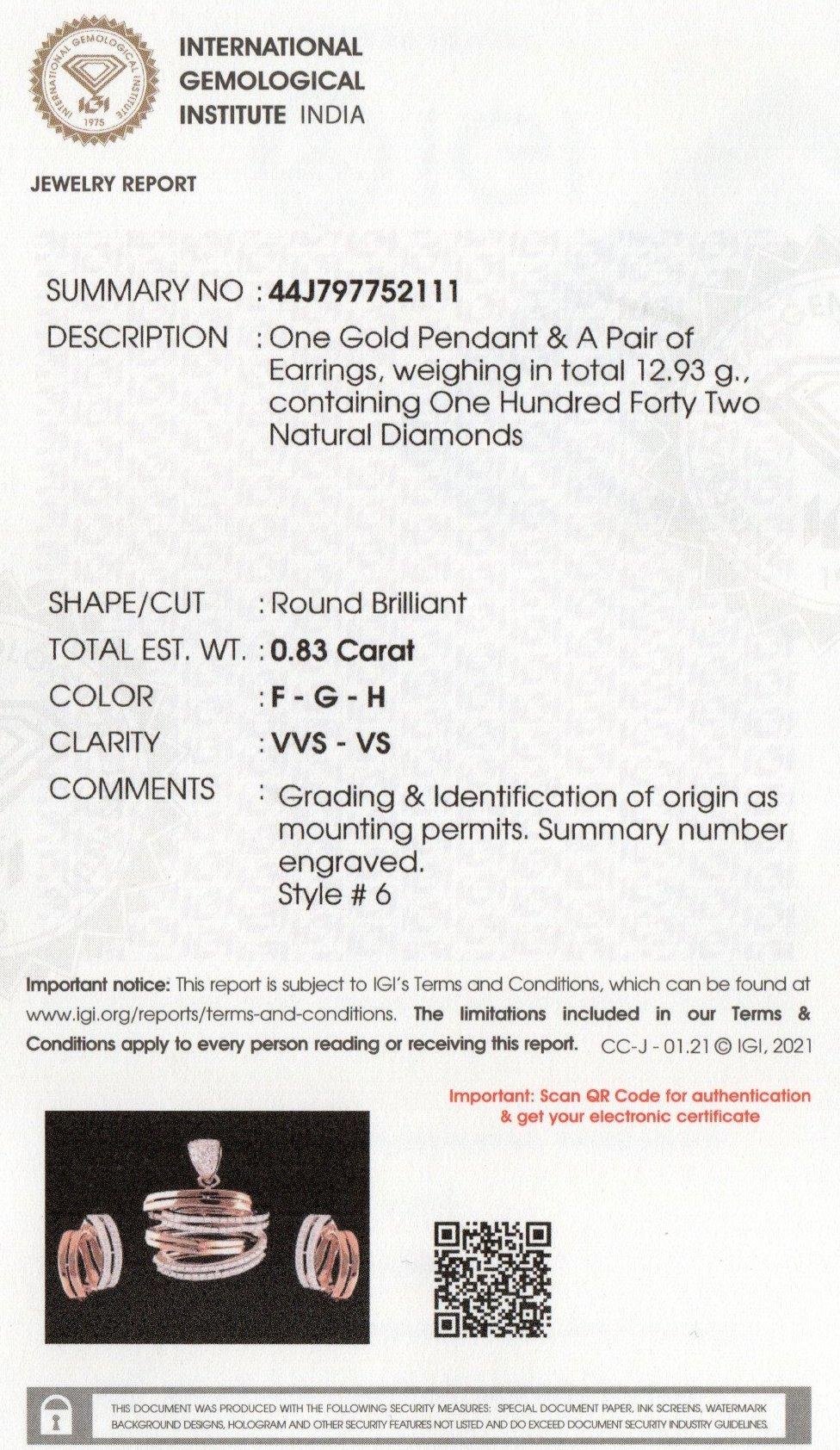 IGI-zertifizierte 18 Karat Roségold 0.8 Karat natürliche Diamant F-VVS Anhänger Ohrringe Set im Angebot 3