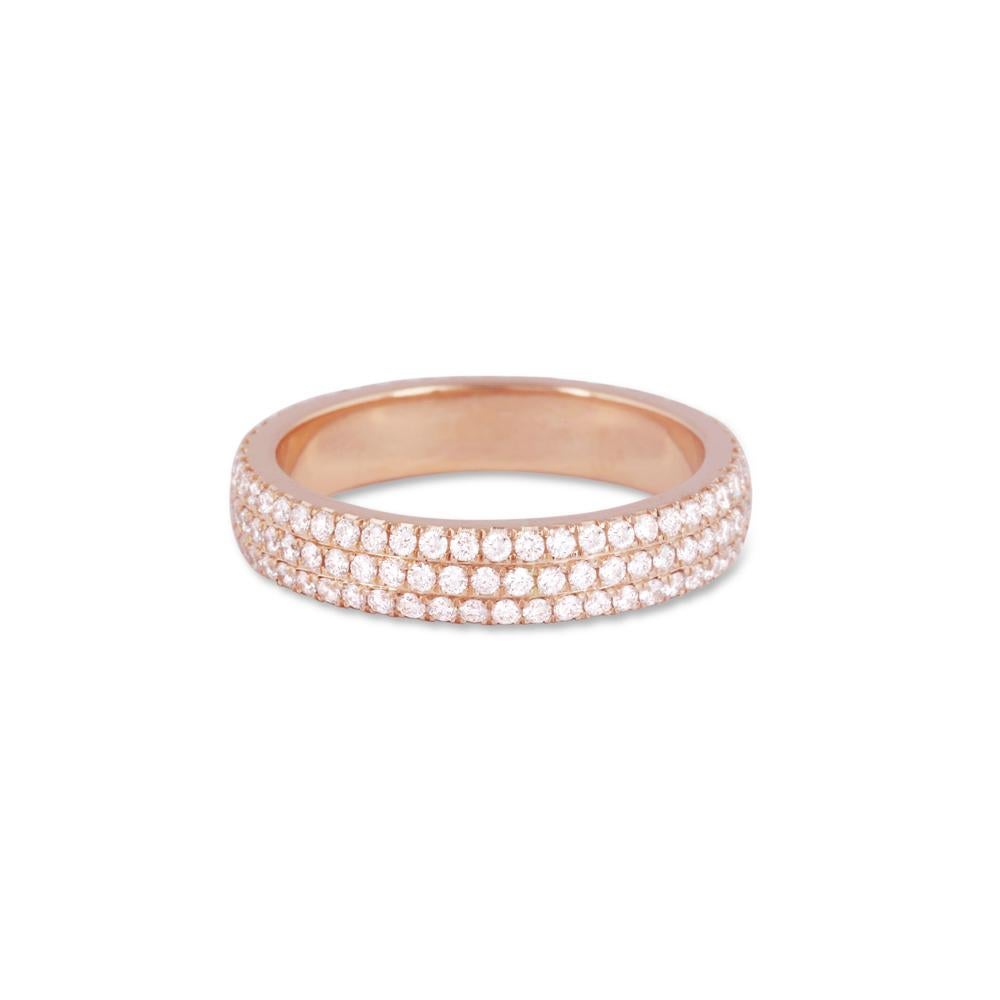 Crafted in 4.65 grams of 18-karat Rose Gold, The Rainsto Band Ring contains 148 Stones of Round Diamonds with a total of 0.90-Carats in F-G Color and VVS-VS Clarity.

CONTEMPORARY AND TIMELESS ESSENCE: Crafted in 14-karat/18-karat with 100% natural