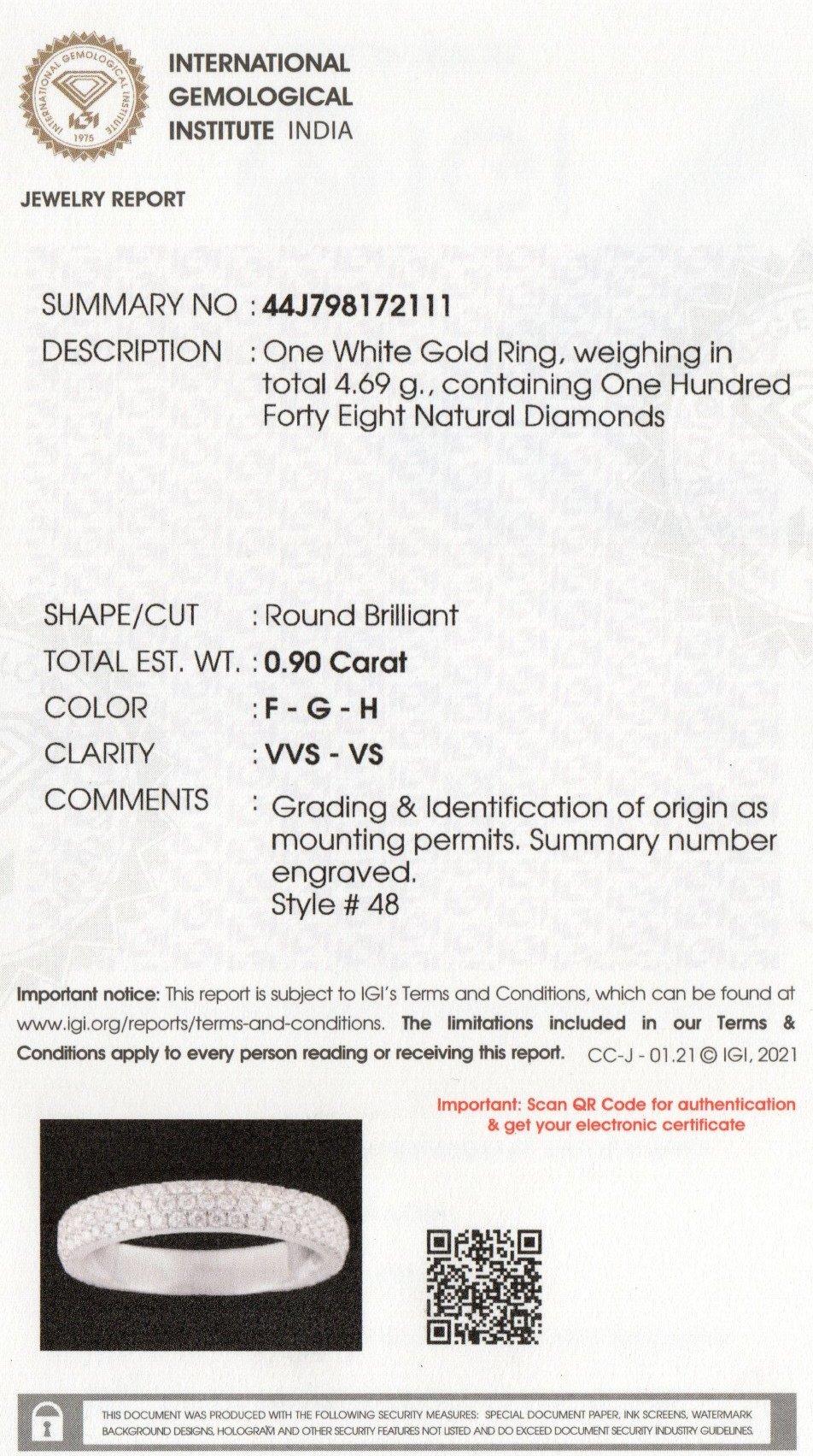 IGI-zertifizierter Eternity-Ring aus 18 Karat Weißgold mit 0,9 Karat natürlichem Diamant F-VVS im Zustand „Neu“ im Angebot in Los Angeles, CA