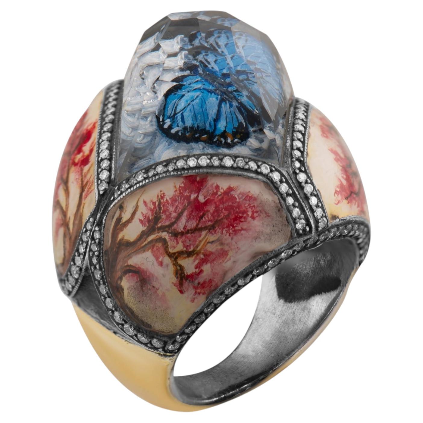 IGI zertifiziert 1,90 Karat Naturdiamant Schmetterling und Baum Motiv Aussage Ring