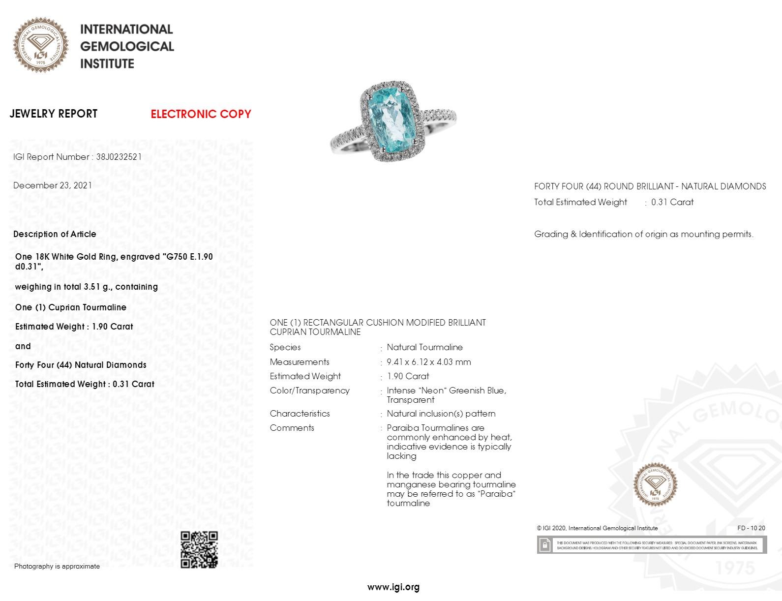 IGI Certified 1.90 Carat Paraiba & Diamond Ring in 18K White Gold For Sale 1