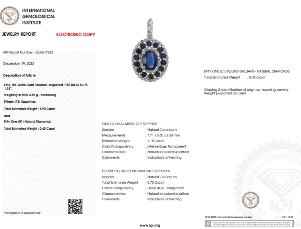Moderne Pendentif en or blanc 18 carats saphir et diamant certifié IGI de 1,90 carat en vente