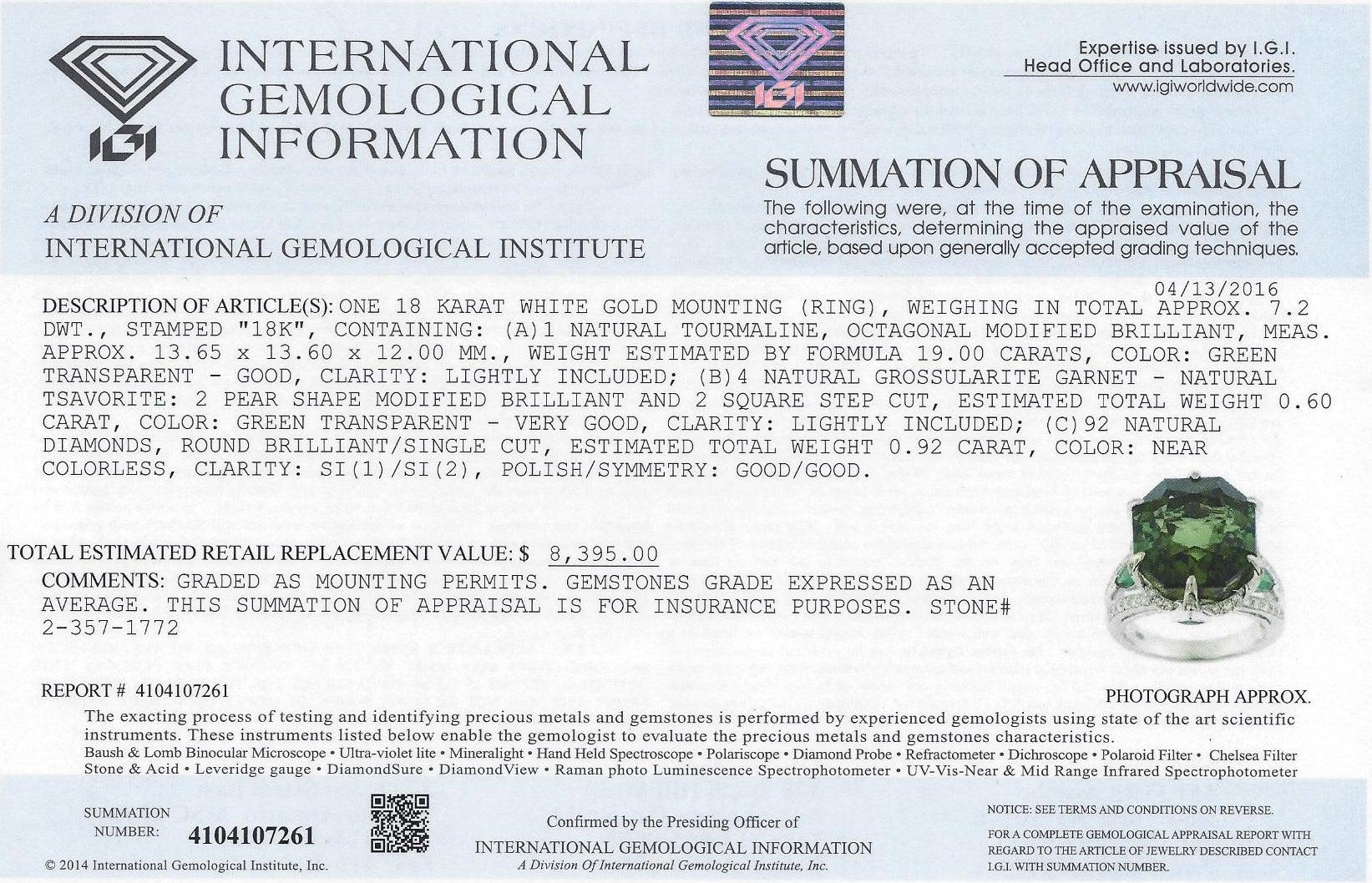 IGI Certificado 19,00 Quilates Turmalina Tsavorita Diamante Anillo de Oro en venta 7