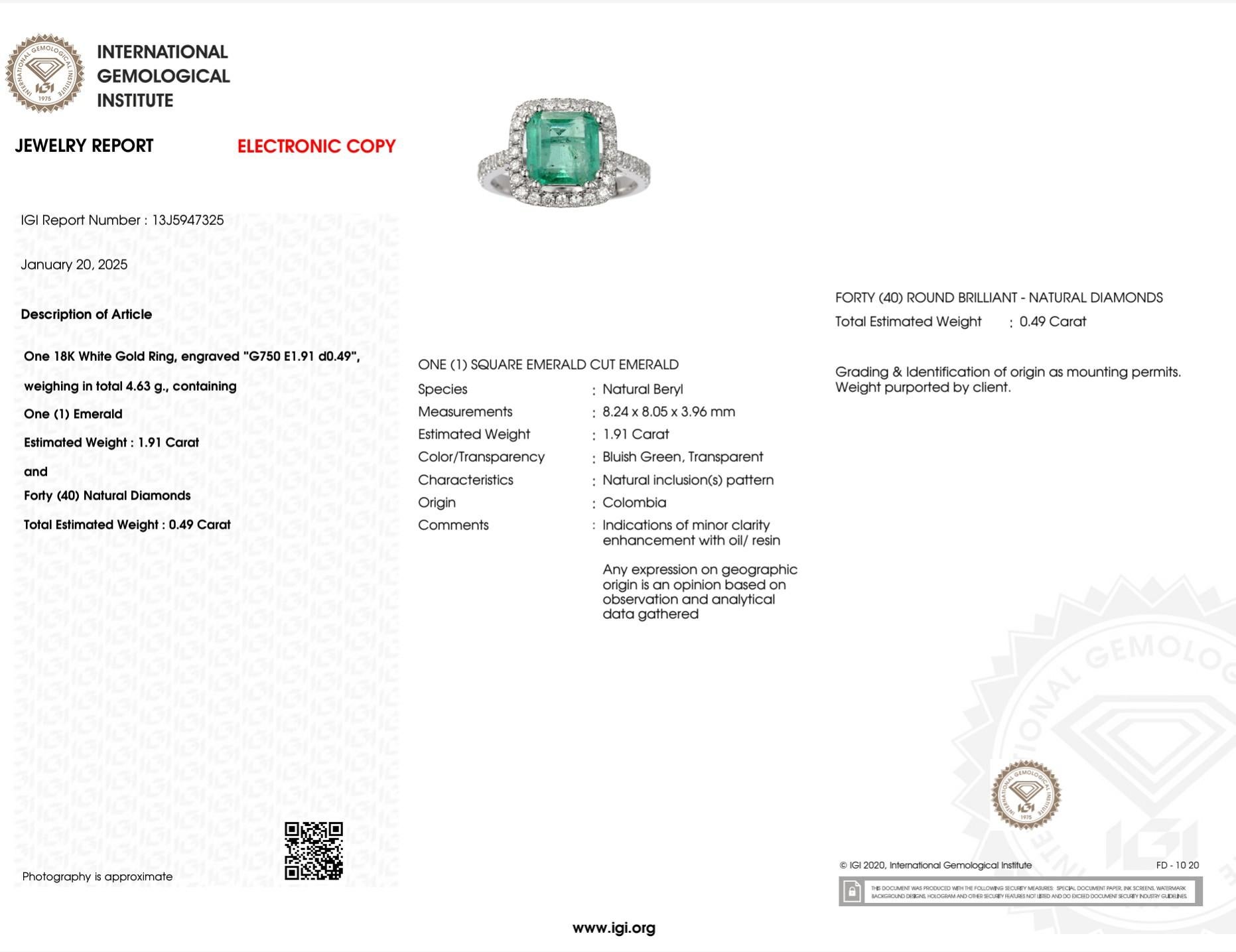 IGI certified 1.91 Carat Colombian Emerald & 0.49 Carat Diamond Ring For Sale 3