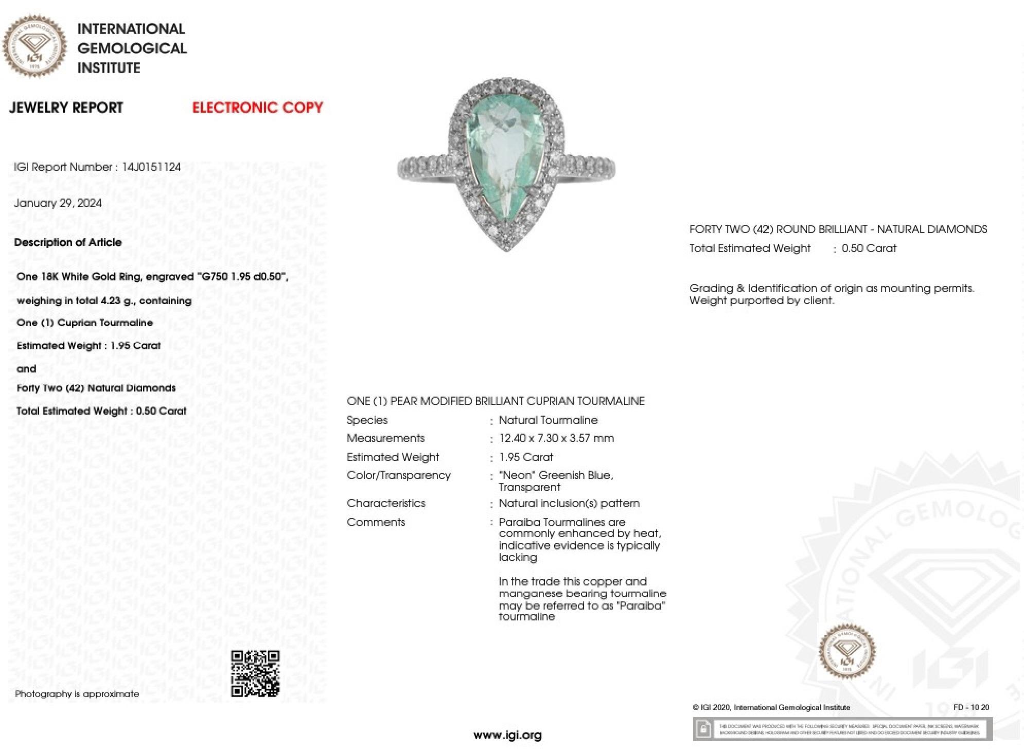 IGI Certified 1.95 Carat Paraiba & Diamond Ring in 18K White Gold For Sale 4