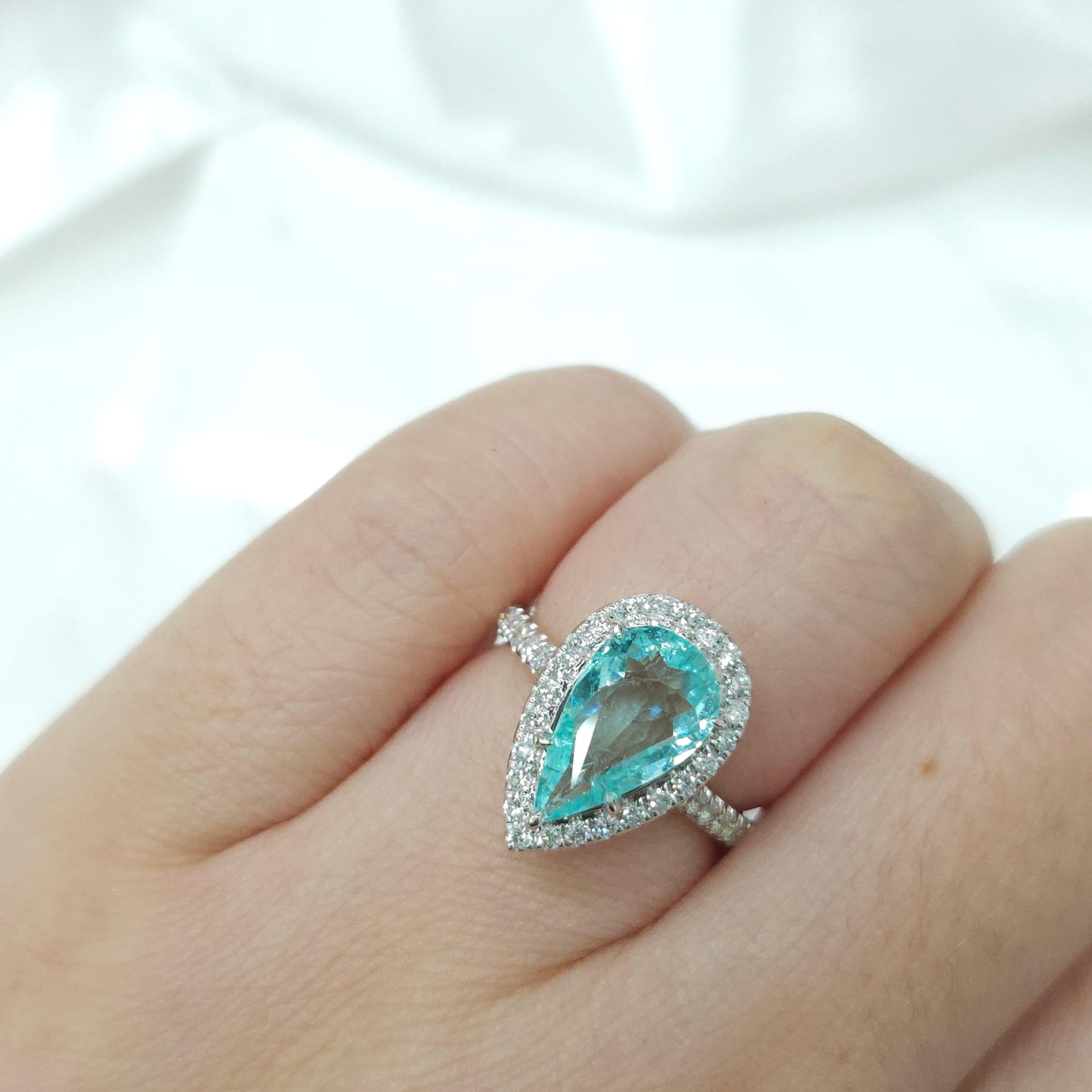 Pear Cut IGI Certified 1.95 Carat Paraiba & Diamond Ring in 18K White Gold For Sale