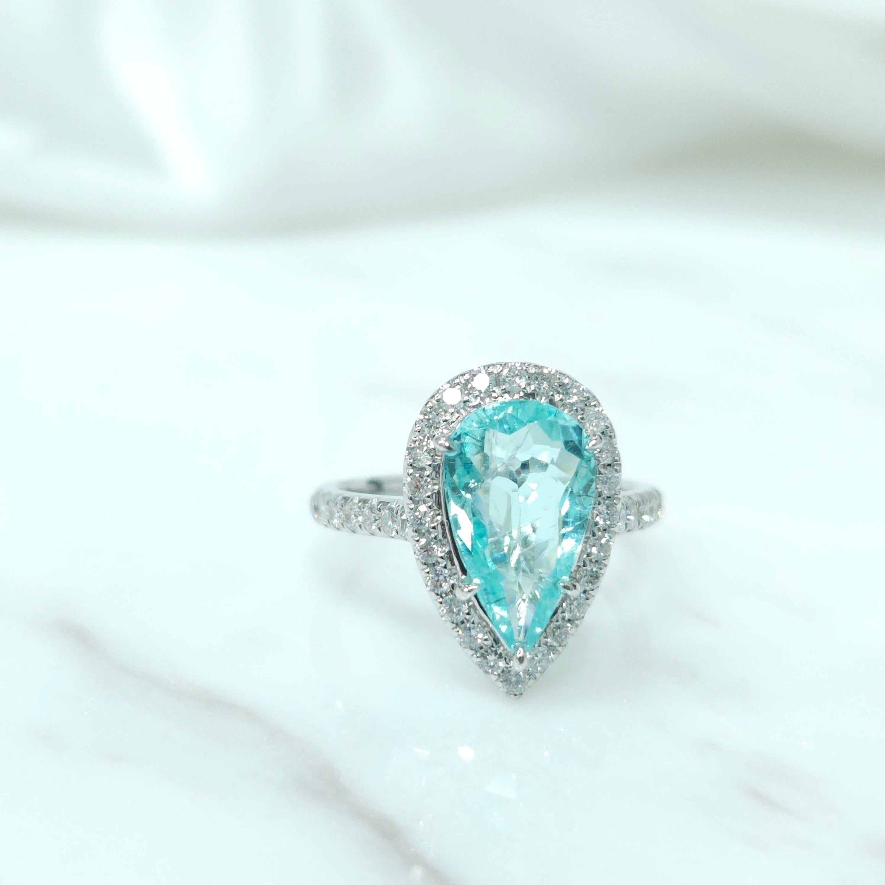 Women's IGI Certified 1.95 Carat Paraiba & Diamond Ring in 18K White Gold For Sale