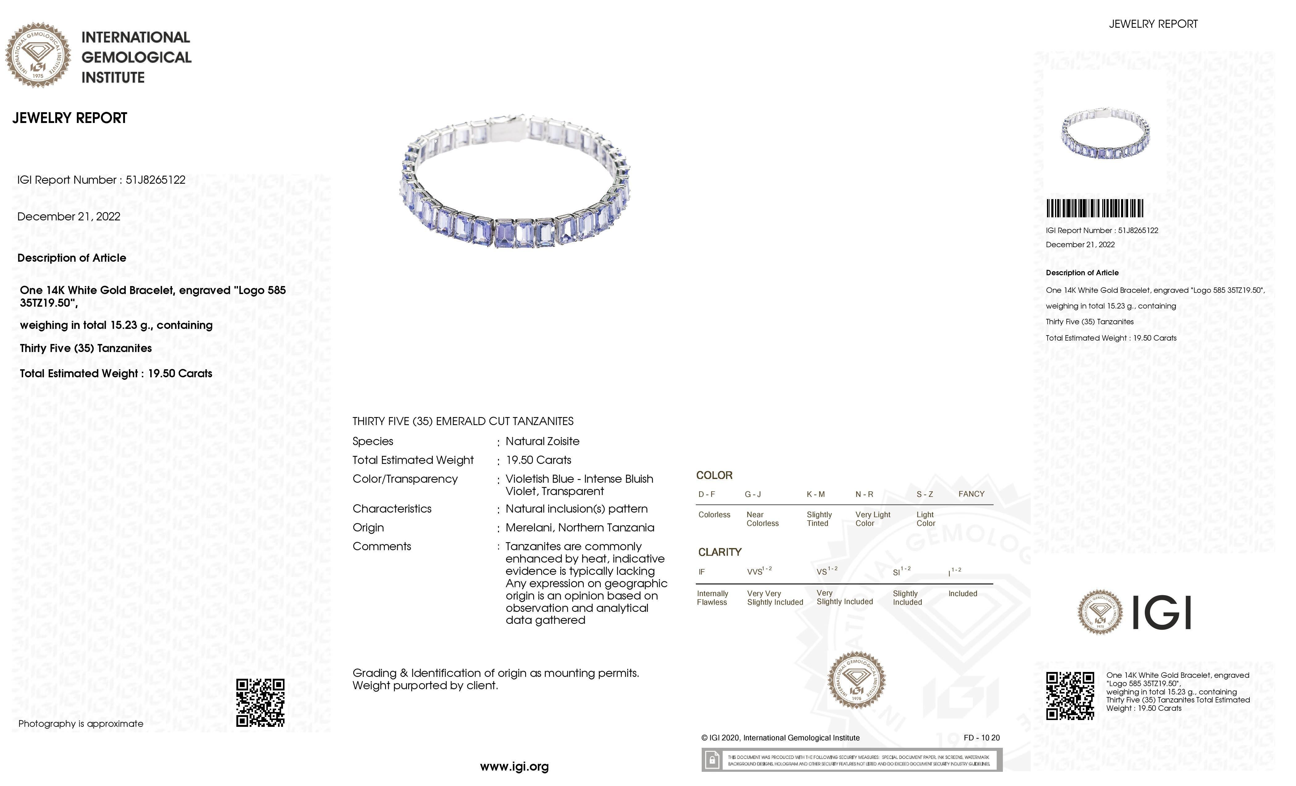 IGI Certified 19.50 Carat Tanzanites 14k White Gold Bracelet In New Condition In Ramat Gan, IL