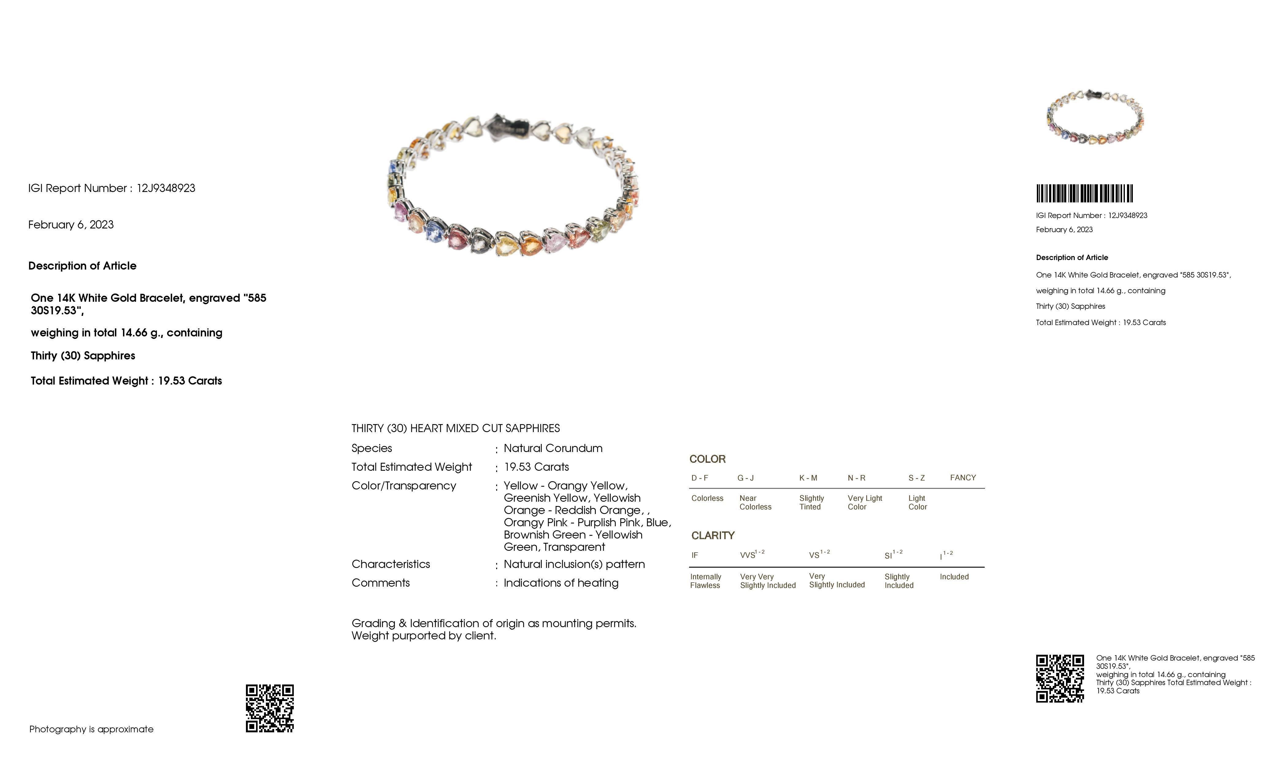 Heart Cut IGI Certified 19.53 Carat Natural Multi-Color Sapphires 14k White Gold Bracelet