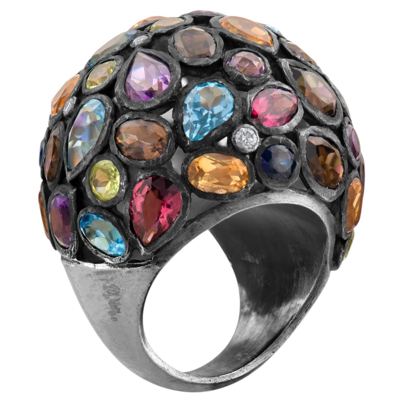 IGI Certified 19.58 Carat Diamond, Sapphire, Emerald and Multigem Statement Ring For Sale