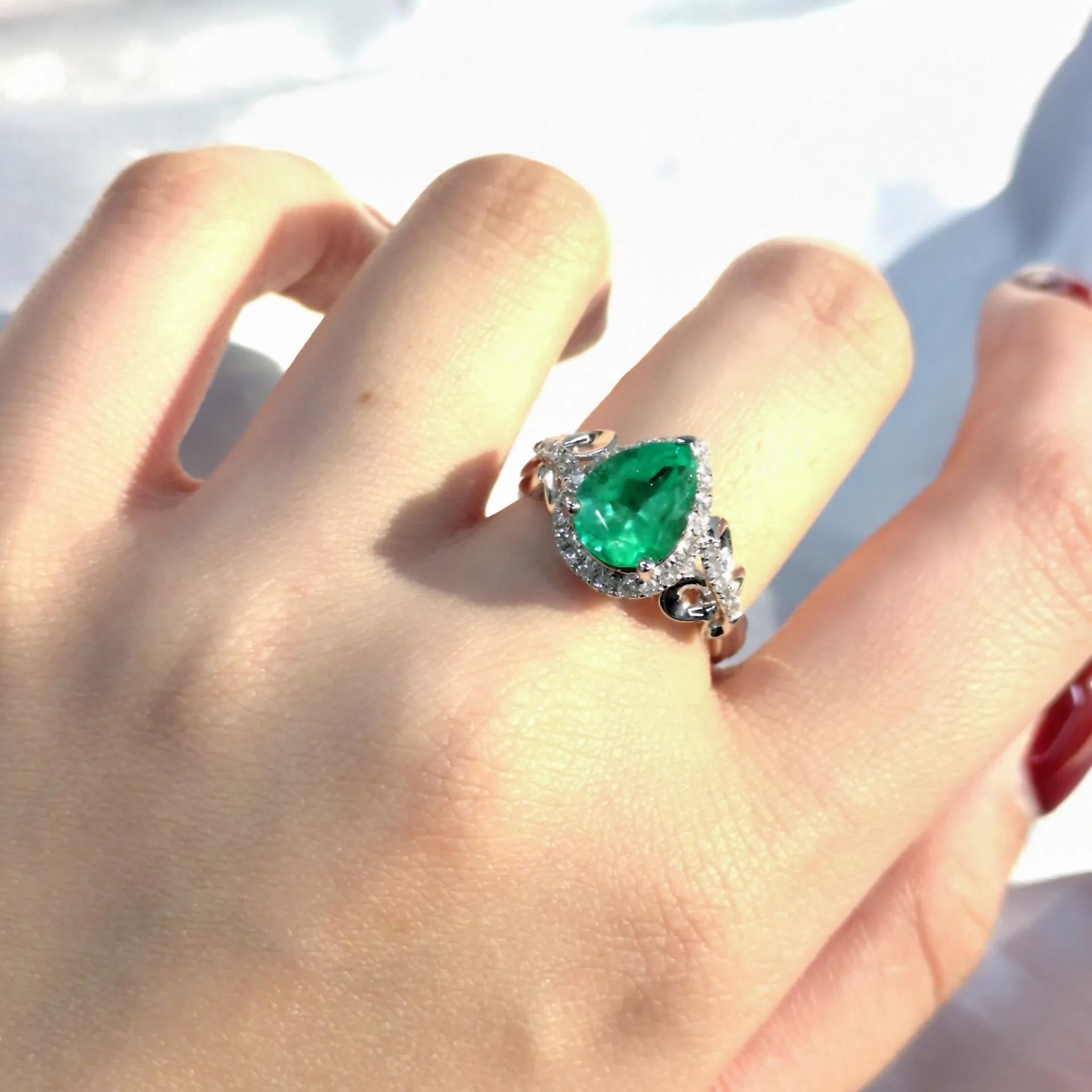 Imagine adorning your hand with a gem of unparalleled vibrancy and sophistication – a 1.96-carat pear modified brilliant emerald, hailing from the legendary mines of Colombia.  Colombian emeralds are celebrated worldwide for their exceptional color