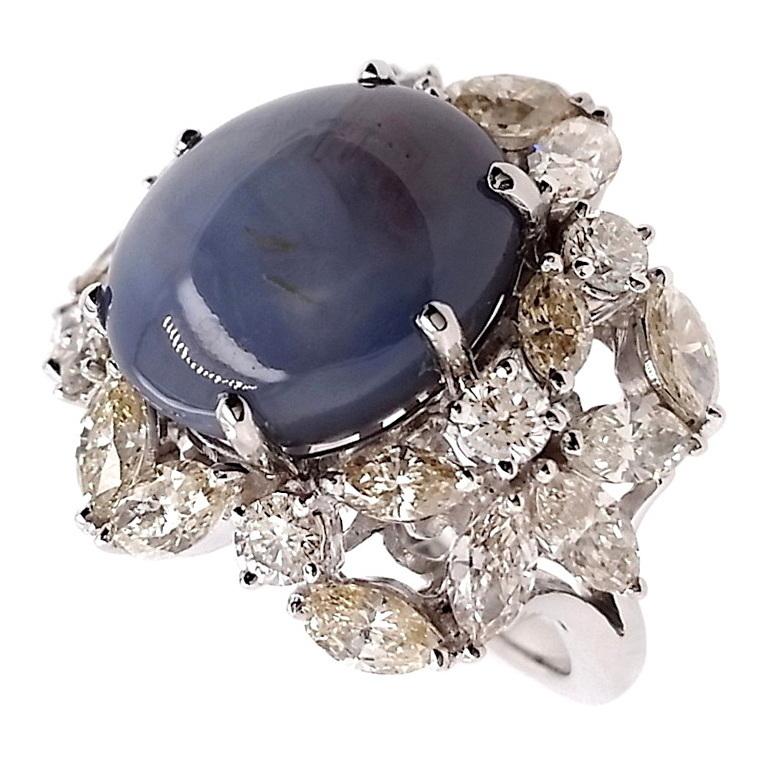 Women's IGI Certified 19.82ct Untreated Burma Star-Sapphire 4.01ct Diamonds Gold Ring For Sale
