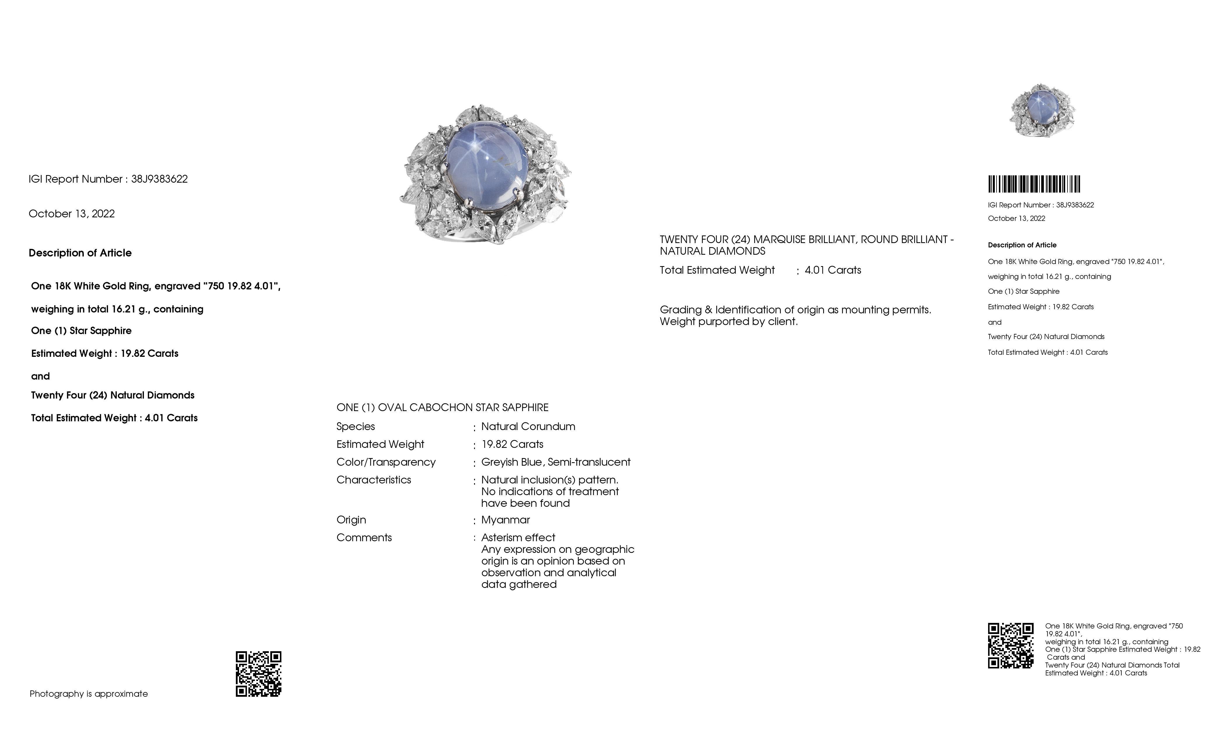 Bague étoile saphir de Birmanie non traitée 19,82 carats et diamants 4,01 carats certifiés IGI en vente 2