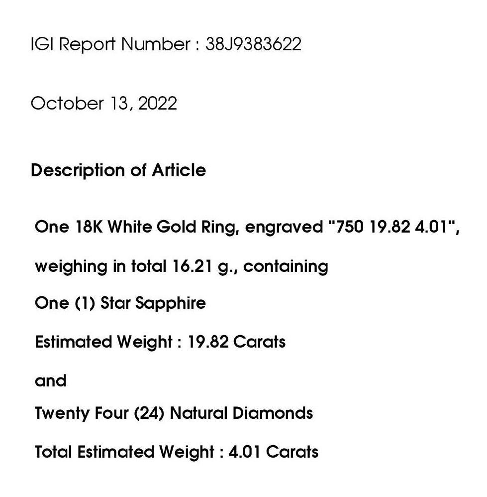 IGI Certified 19.82ct Untreated Burma Star-Sapphire 4.01ct Diamonds Gold Ring For Sale 4