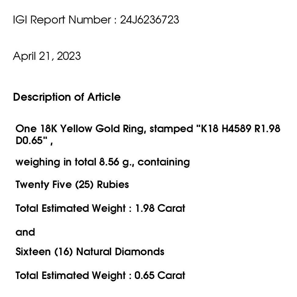 IGI Certified 1.98ct Natural Rubies 0.65ct Natural Diamonds 18K Yellow Gold Ring 2