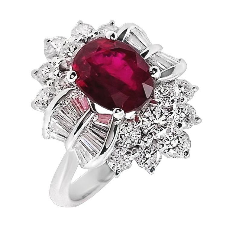 Oval Cut IGI Certified 1.98ct Natural Ruby and 1.00ct Diamonds 18k White Gold Ring For Sale
