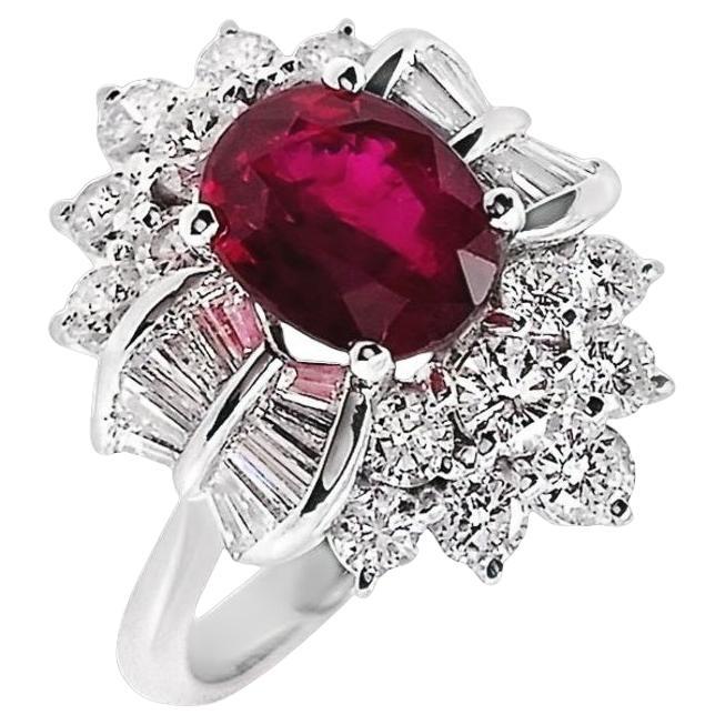IGI Certified 1.98ct Natural Ruby and 1.00ct Diamonds 18k White Gold Ring For Sale