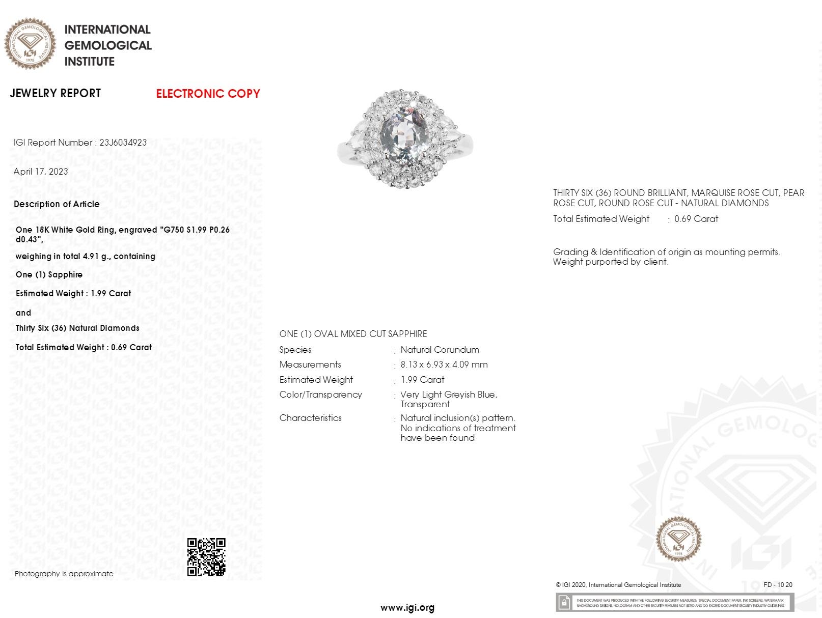IGI Certified 1.99 Carat Unheated Sapphire & Diamond Ring in 18K WhiteGold For Sale 1