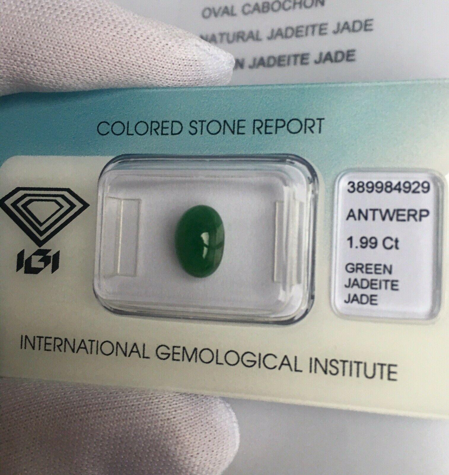 Oval Cut IGI Certified 1.99ct Jadeite Untreated Jade ‘A’ Grade Deep Green Oval Cabochon