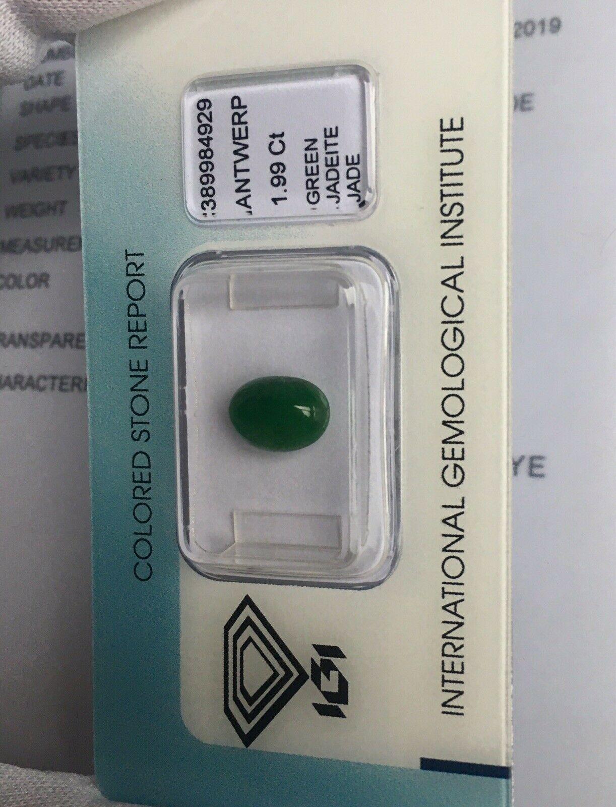 IGI Certified 1.99ct Jadeite Untreated Jade ‘A’ Grade Deep Green Oval Cabochon In New Condition In Birmingham, GB
