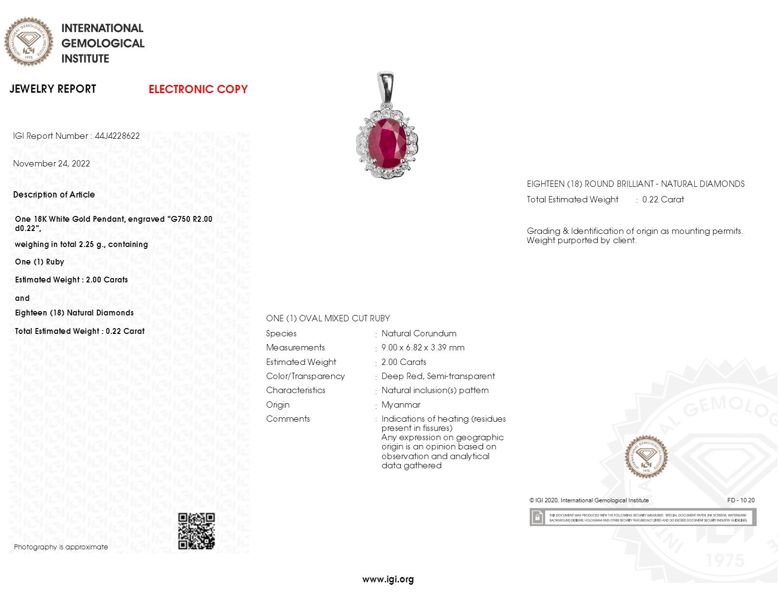 Entdecken Sie die Faszination dieses prächtigen Anhängers aus 18 Karat Weißgold, der vom Internationalen Gemmologischen Institut offiziell zertifiziert wurde. Dieser Anhänger mit einem Gesamtgewicht von 2,25 Gramm präsentiert einen natürlichen Rubin