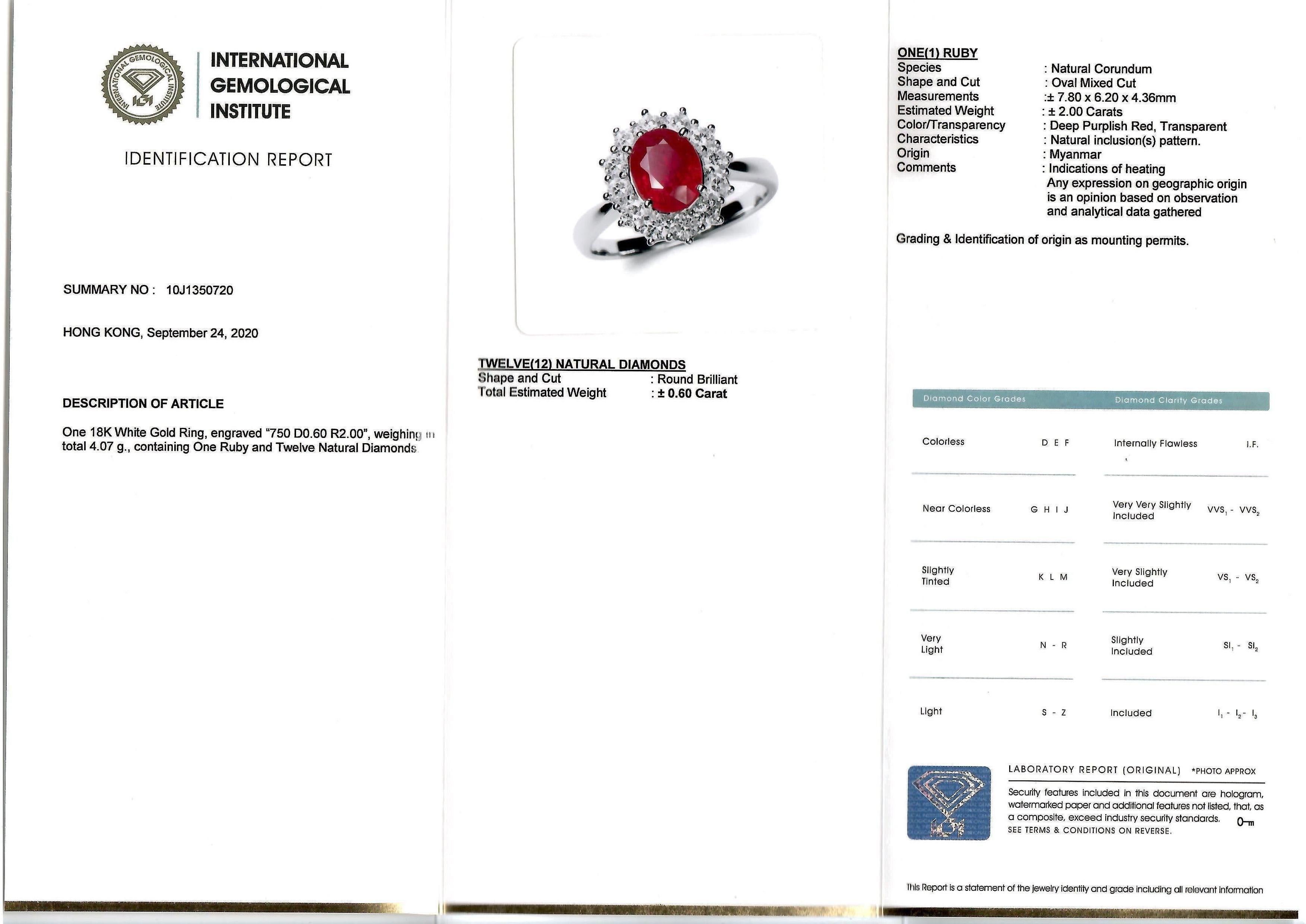 This captivating ring showcases a natural ruby, hailing from the esteemed mines of Myanmar, formerly known as Burma, a region renowned for producing some of the world's most exquisite rubies. The centerpiece is a 1.20-carat oval mixed cut ruby, a
