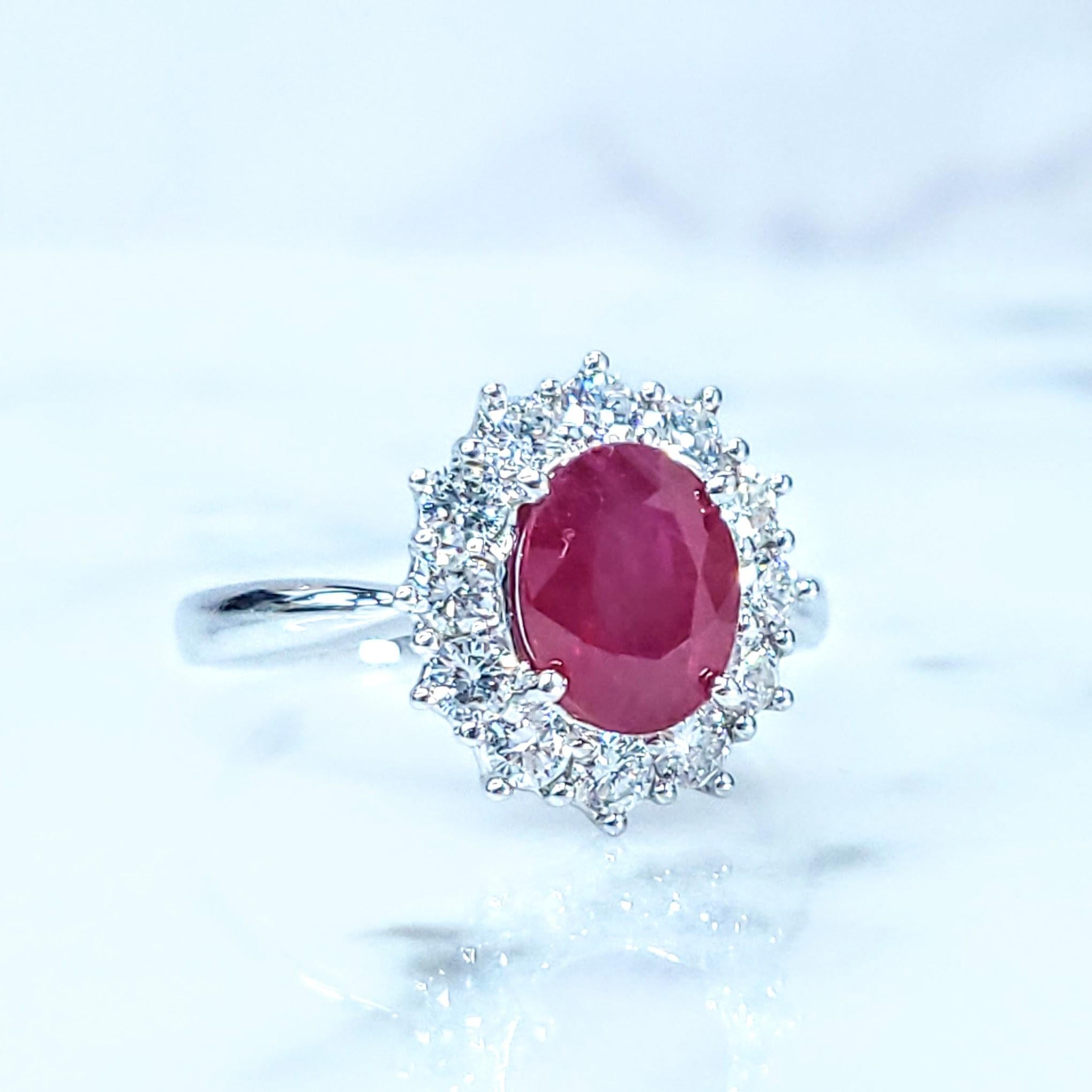 Oval Cut IGI Certified 2.00 Carat Burma Ruby & Diamond Ring in 18K White Gold For Sale