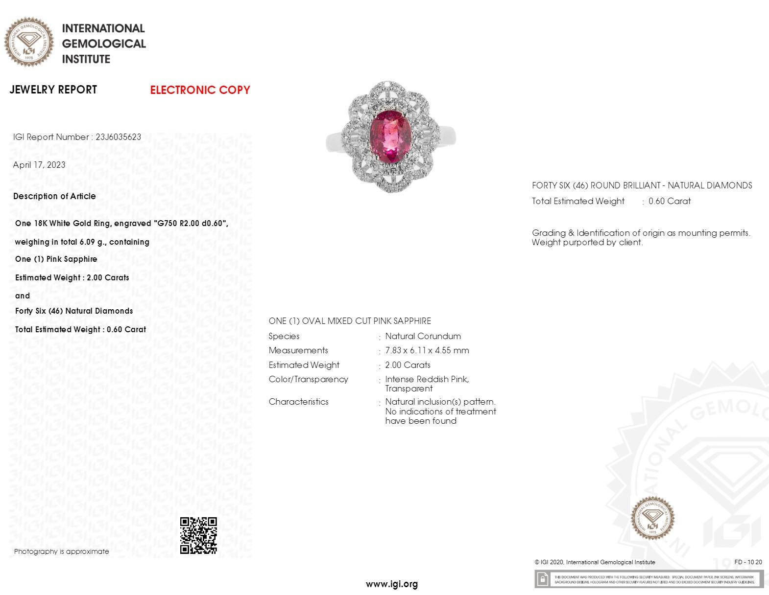 IGI Certified 2.00 Carat No Heat Pink Sapphire & Diamond Ring in 18K White Gold For Sale 5