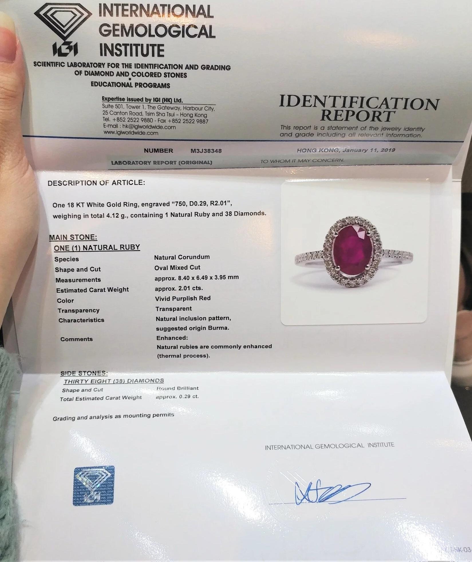 IGI Certified 2.01 Carat  Burma Ruby & Diamond Ring in 18K White Gold For Sale 3