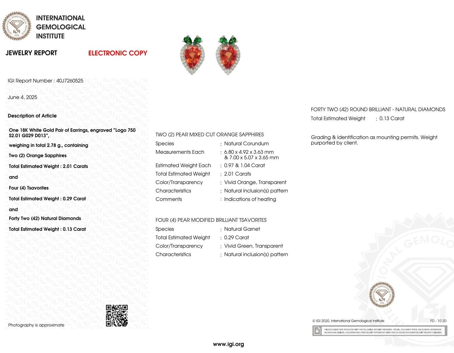 Pendientes de Zafiro, Tsavoritas y Diamantes de Oro Blanco de 18 K con Certificado IGI de 2,01 ct Moderno en venta