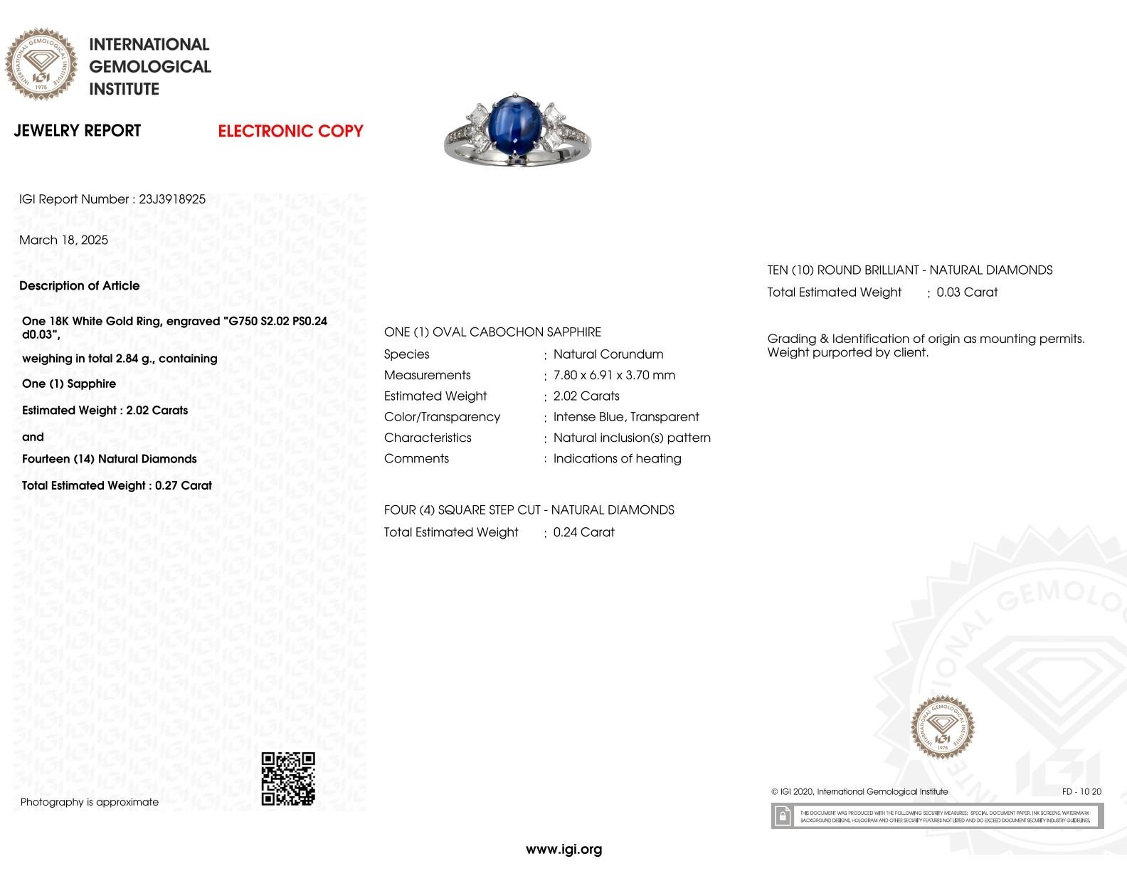 Cabochon IGI Certified 2.02 Carat Blue Sapphire & Diamond Ring in 18K White Gold For Sale