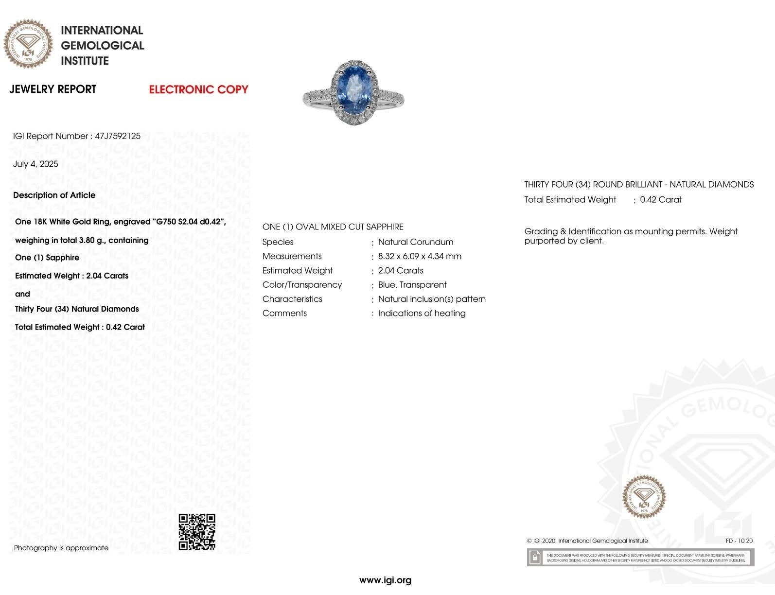 Taglio ovale Anello con zaffiro e diamante certificato IGI da 2,04 carati in oro bianco 18 carati in vendita