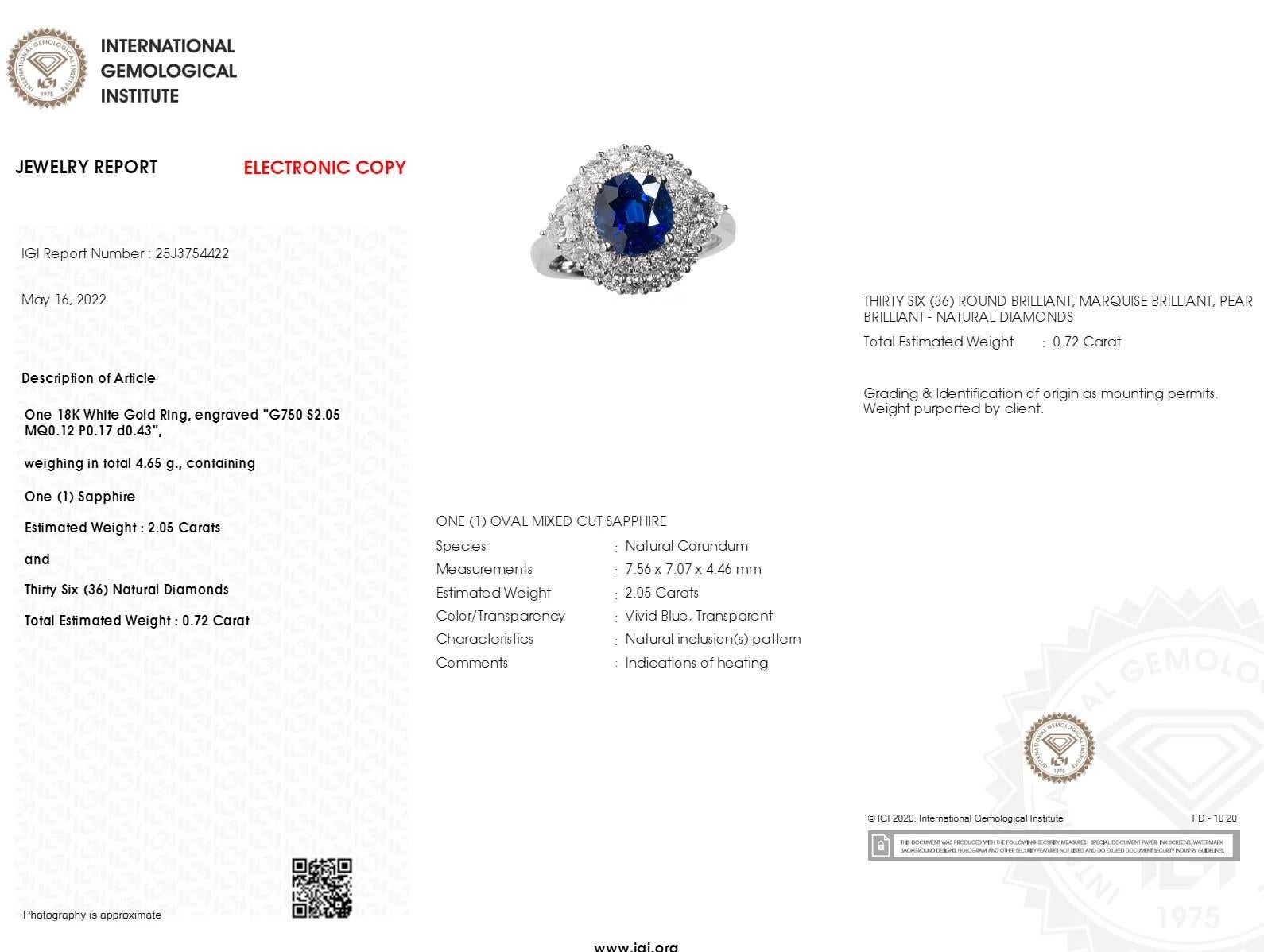 IGI Certified 2.05 Carat Blue Sapphire & Diamond Ring in 18K White Gold For Sale 3