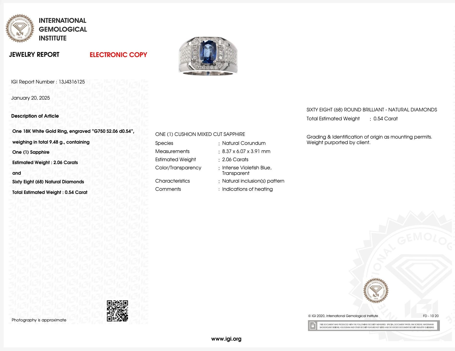 IGI Certified 2.06 Carat Blue Sapphire & Diamond Men Ring in 18K WhiteGold For Sale 3