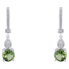 IGI Certified 2.07 Carat Natural Peridot and Diamond Drop Earrings in 14K Gold