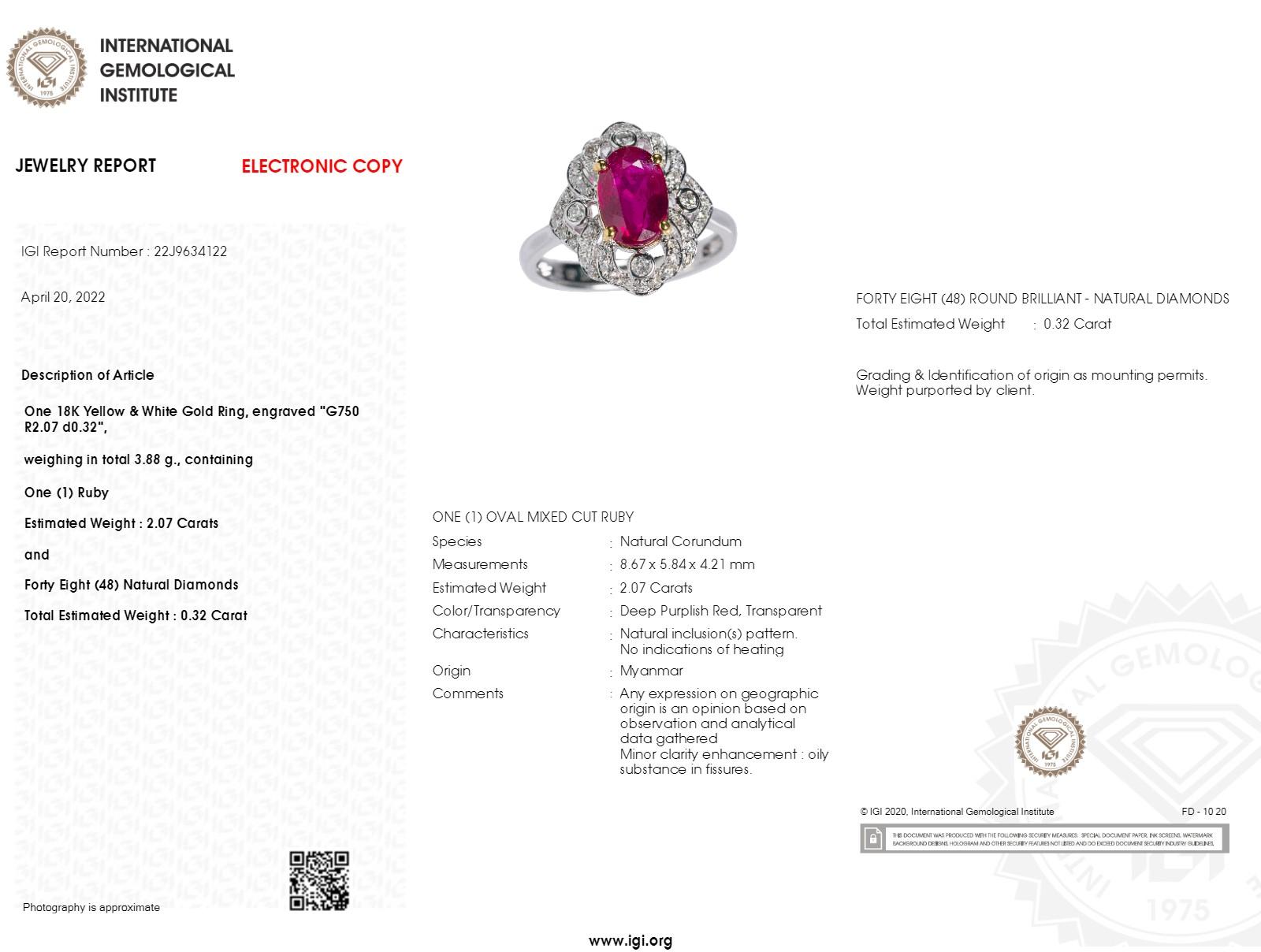 IGI Certified 2.07 Carat Unheated Burma Ruby & Diamond Ring in 18K White Gold For Sale 4