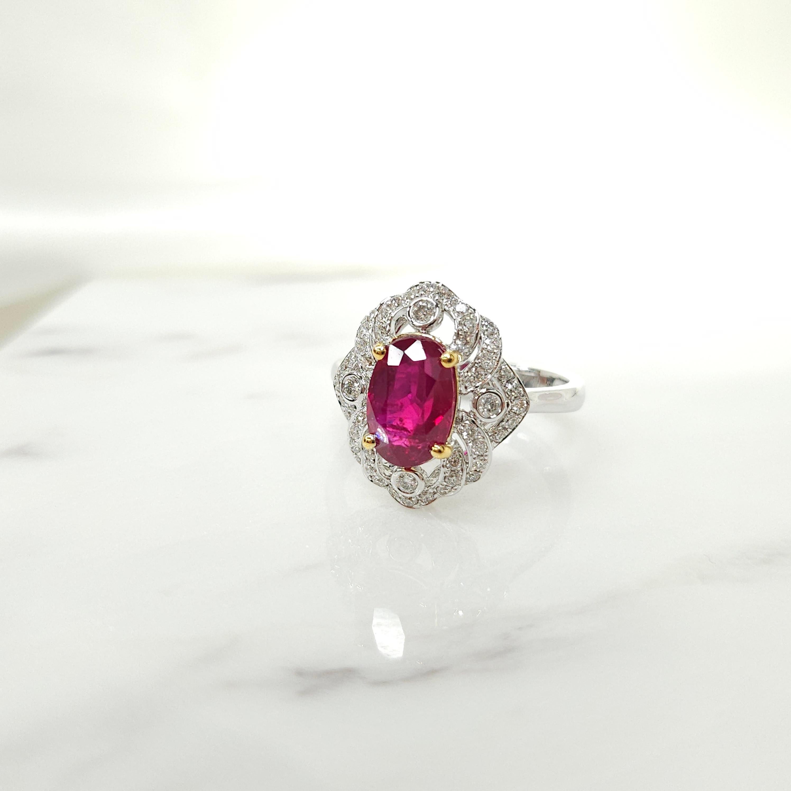 Modern IGI Certified 2.07 Carat Unheated Burma Ruby & Diamond Ring in 18K White Gold For Sale