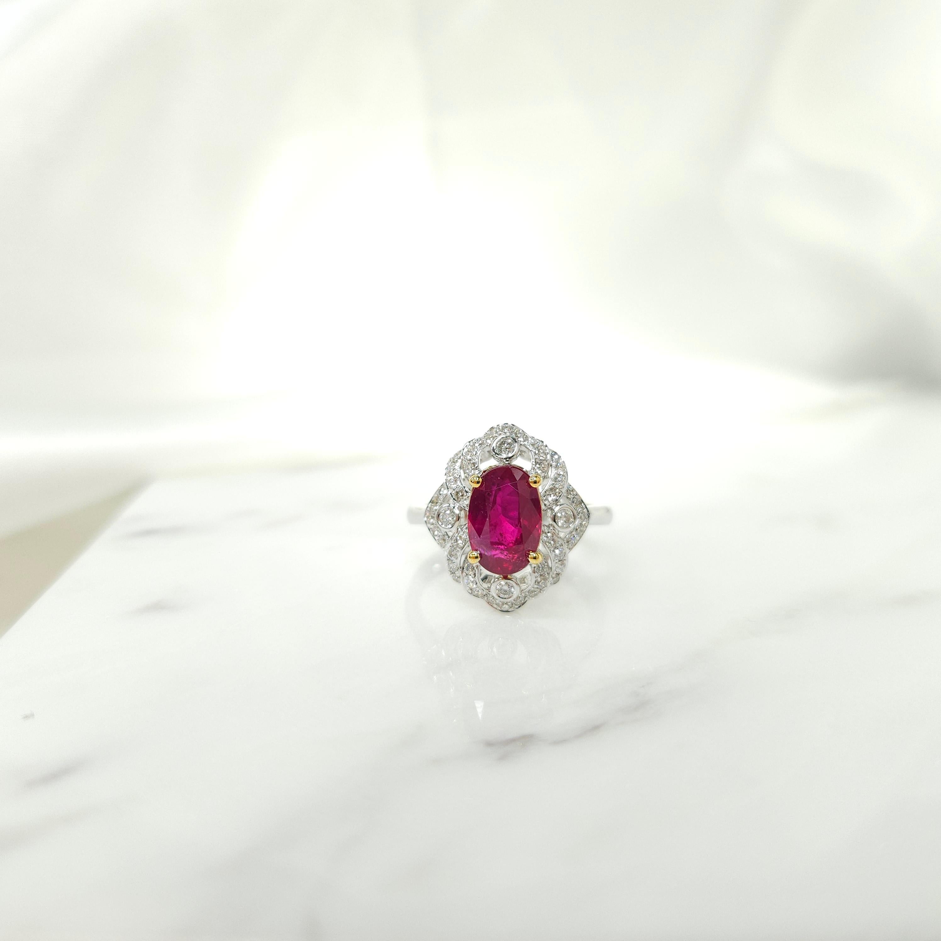 Oval Cut IGI Certified 2.07 Carat Unheated Burma Ruby & Diamond Ring in 18K White Gold For Sale