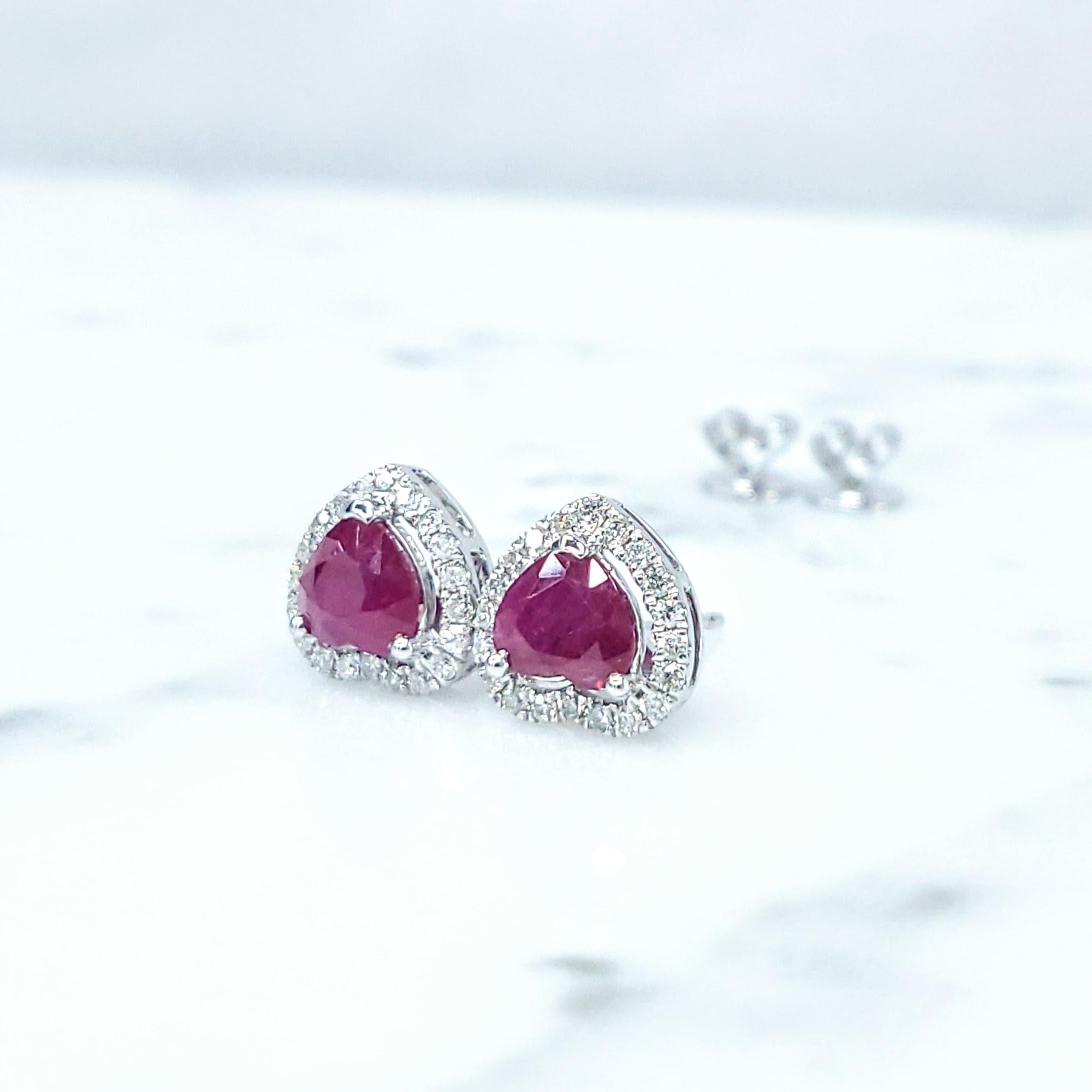 Heart Cut IGI Certified 2.08 Carat Burma Ruby & Diamond Earrings in 18K White Gold For Sale